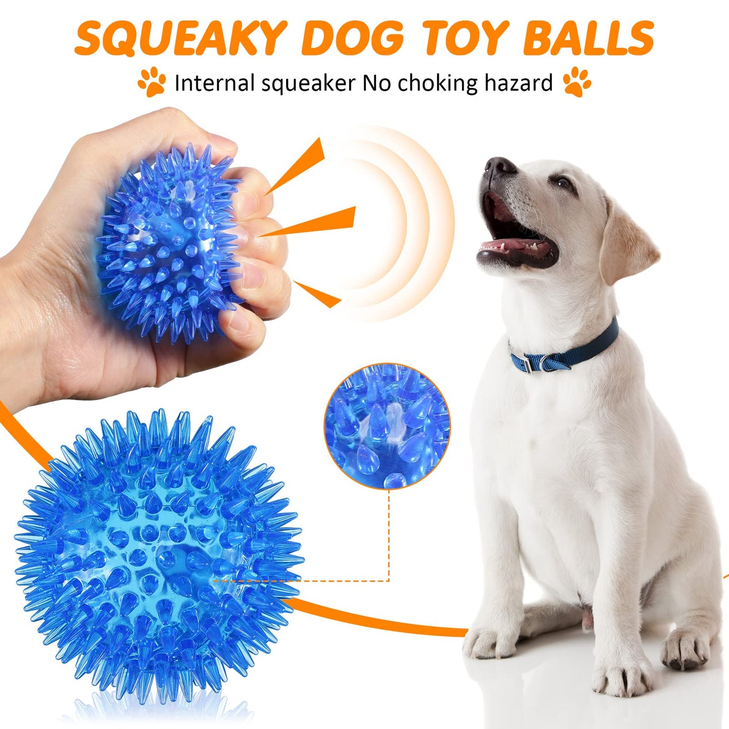 24 Pack Squeaky Dog Toys Balls 2.56'' Spiky Dog Balls Floating Pool TPR Puppy Fetch Chew Toy for Small Medium Doggy Aggressive Chewers Clean Teeth Training(Blue, Green, Orange)