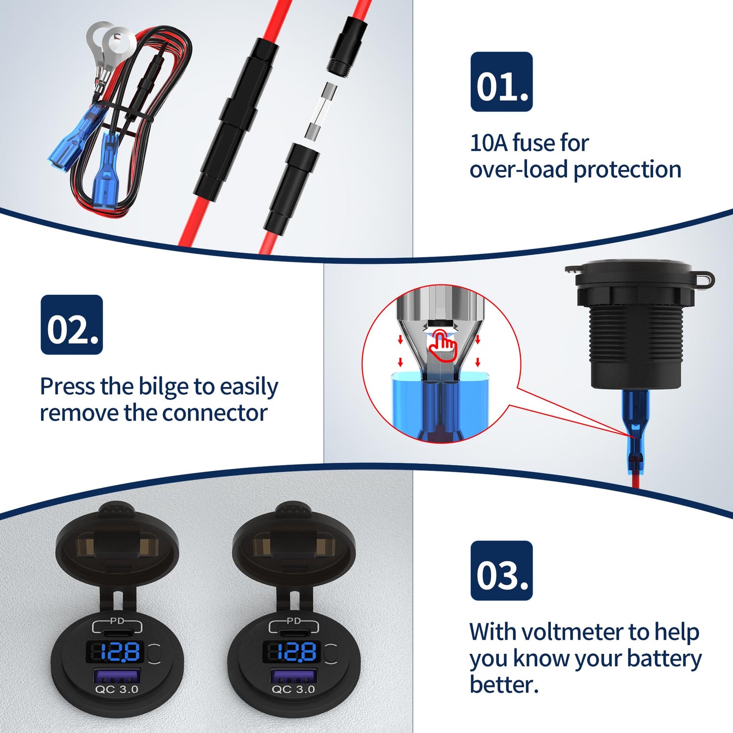 DaierTek 12V USB C Car Charger Socket, 12V USB Outlet, 48W PD Type C & QC 3.0 12 Volt Dual USB Charging Socket Port Waterproof with Voltmeter & ON/Off Switch for Car Marine Boat Golf Cart -3Pack