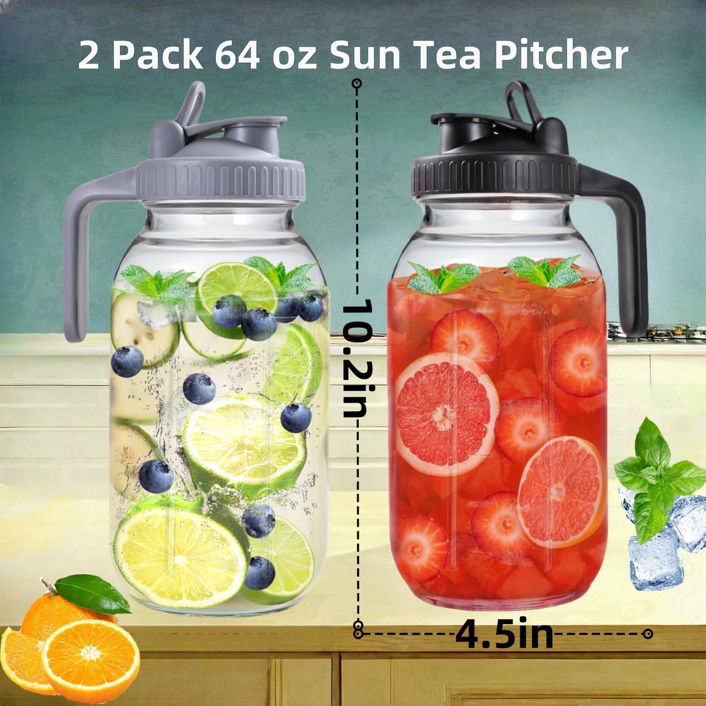 2 Pack 64 oz Glass Pitcher with Lid, Mason Jar Pitcher, 2 Quart Breast Milk Pitcher Jug Leak-Proof Airtight Sun Tea Jar, Glass Pitcher, Sun Tea Pitcher for Ice Tea, Cold Brew Coffee, Breast Juices