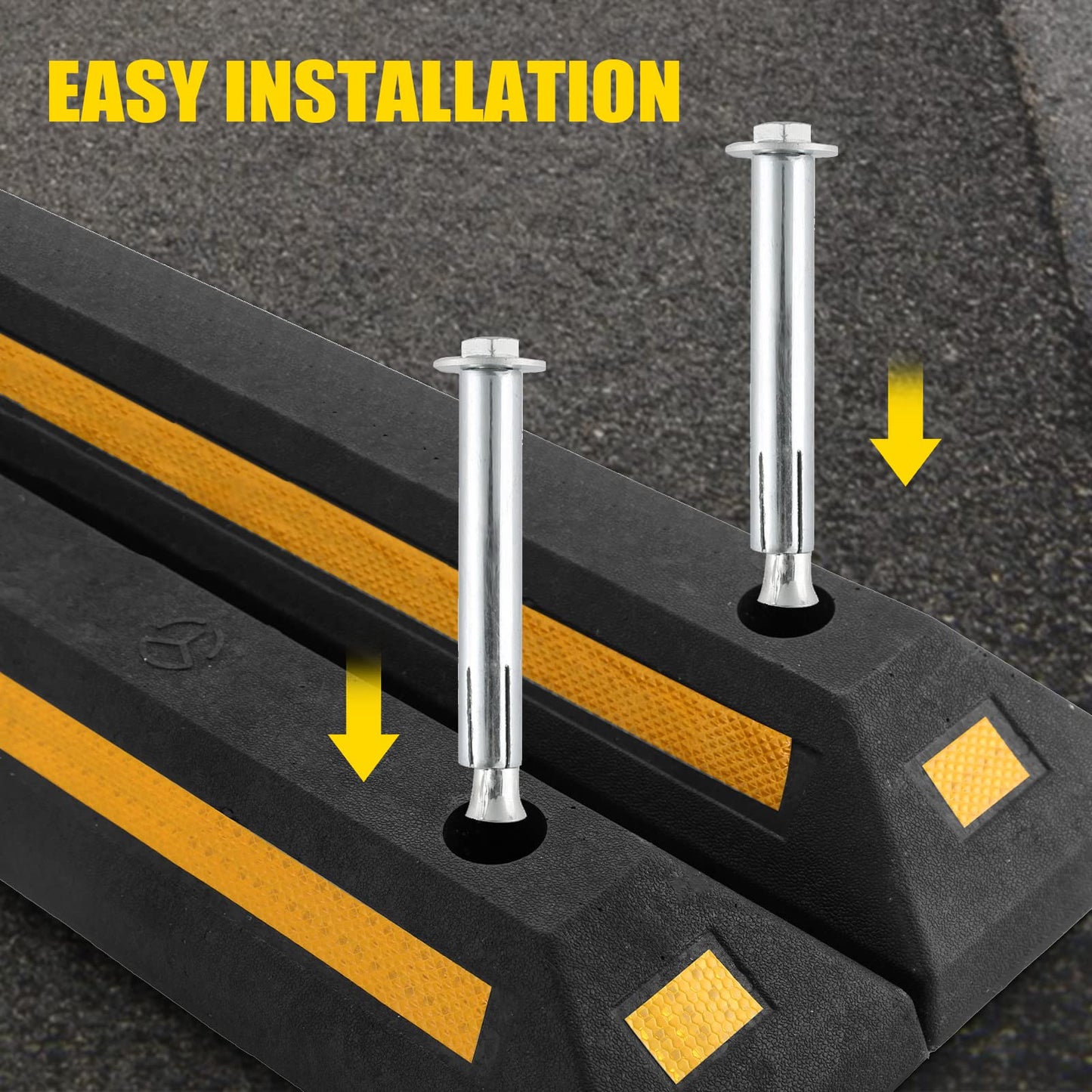 ATPEAM Rubber Curb Heavy Duty Parking Blocks | 2PC Parking Curb with Yellow Reflective Stripes for Car, Truck, RV, Trailer, and Garage | Garage Parking Assist and Driveway Markers for Enhanced Safetye