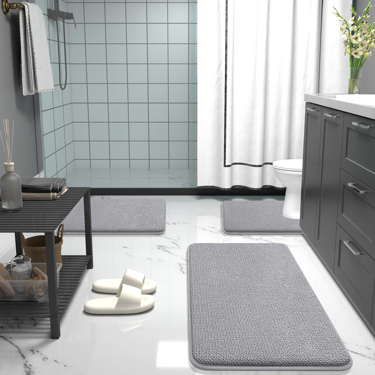 OLANLY Luxury Memory Foam Bath Mat, Extra Soft Absorbent Bathroom Mats, Quick Dry Bathroom Rugs, Non-Slip, Machine Washable Bath Mats for Bathroom Floor, Tub and Shower, 24x36, Grey