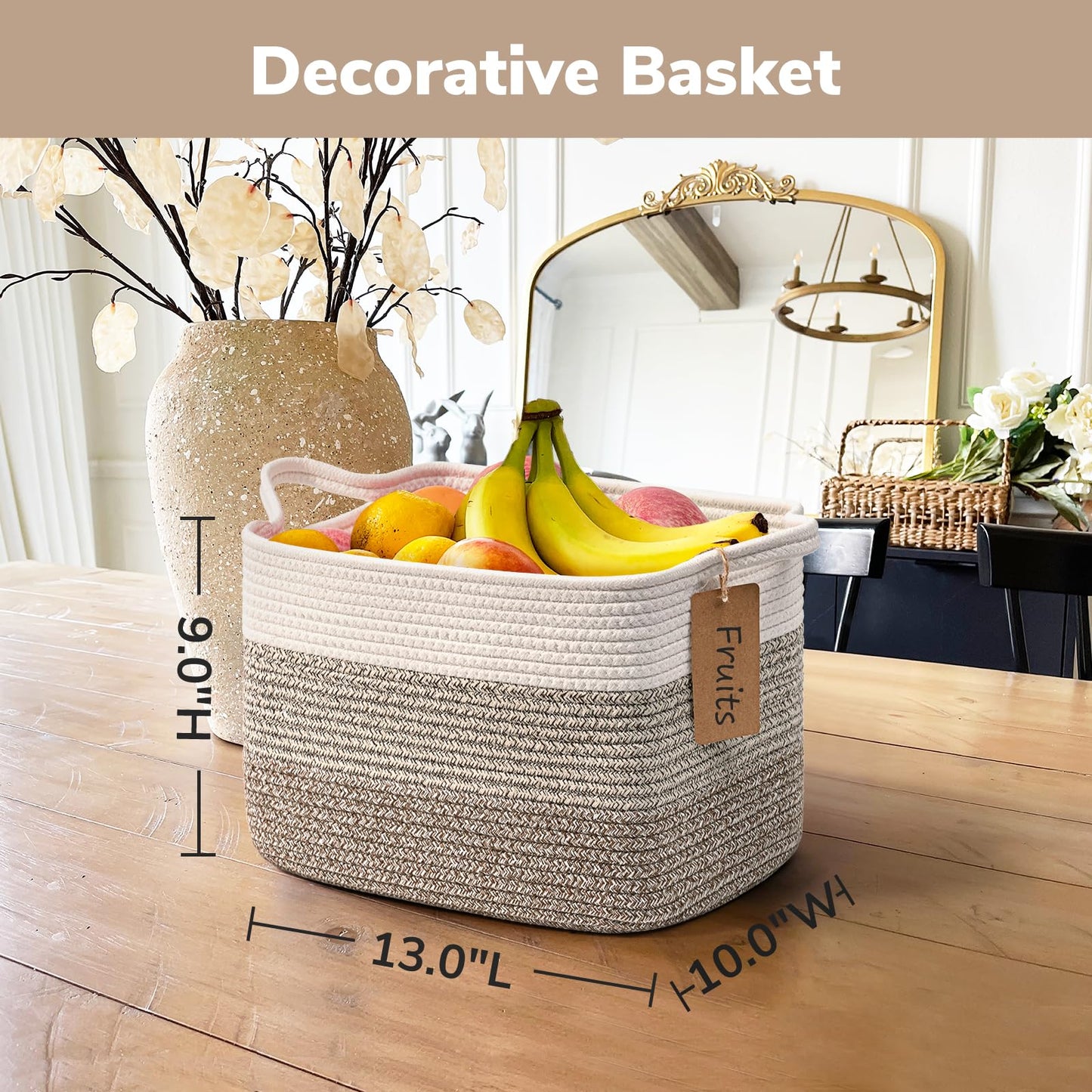 Goodpick Organizing Baskets, 13 x 10 x 9 Inches, Woven Storage Baskets for Shelves, Baby Gift Basket for Nursery, Small Decorative Laundry Basket 3 Pack, panier rangement, White & Brown