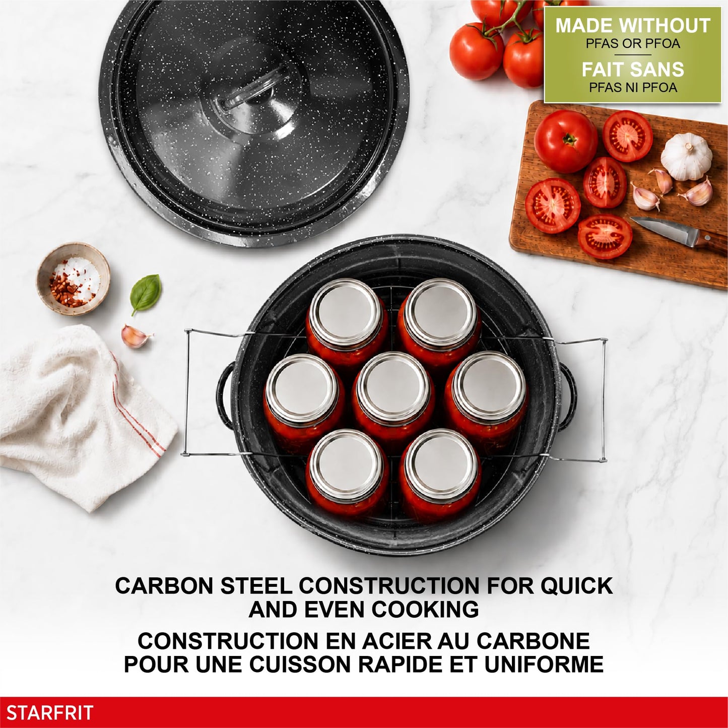Starfrit 19.9L (21Qt) Carbon Steel Stockpot with Canning Rack and Lid - Enameled Exterior - Oven Safe - PFOA & PFAS Free - Easy to Clean - Black
