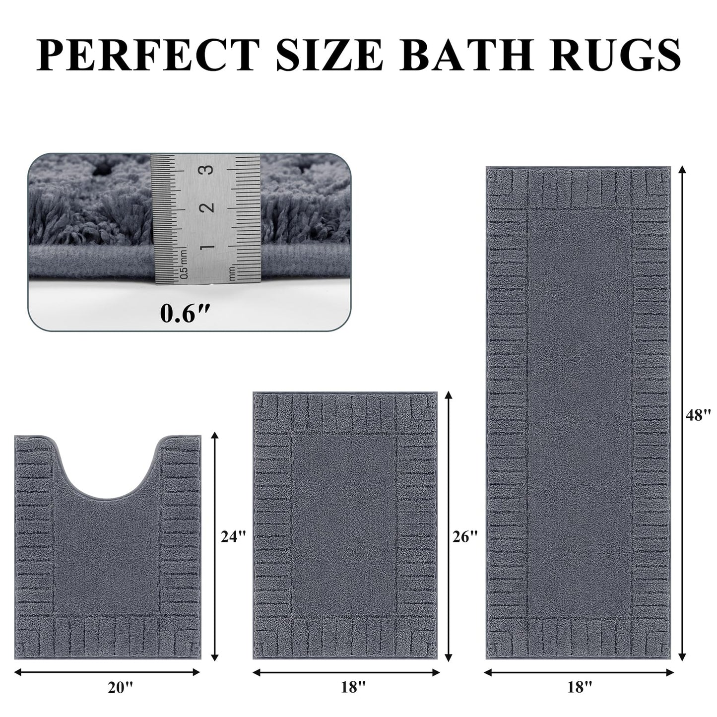 Pauwer Bath Mat Non Slip Bathroom Mat Sets 3 Piece Absorbent Bath Rugs for Bathroom Plush Shaggy Bathroom Rugs Set with U-Shaped Contour Toilet Mat Machine Washable, Dark Grey