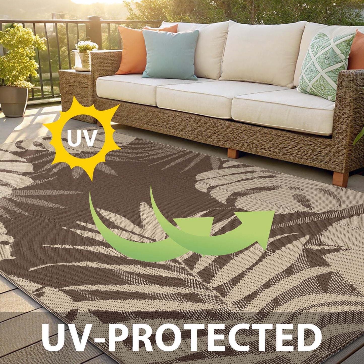 OLANLY Waterproof Outdoor Rug 4x6 ft, Plastic Reversible Patio Rug Outdoor Carpet, Large Leaf Outdoor Area Rug Deck Rugs for Patio, RV, Backyard, Deck, Picnic, Beach, Camping, Beige & Brown