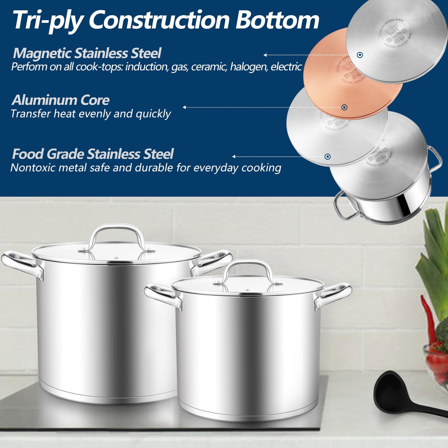E-far 10 Quart Stainless Steel Stock Pot, Large Cooking Pot with Glass Lid for Soup Canning Stewing Simmering, Heavy Duty Cookware with Triply Base for Induction Gas Ceramic Stoves, Dishwasher Safe