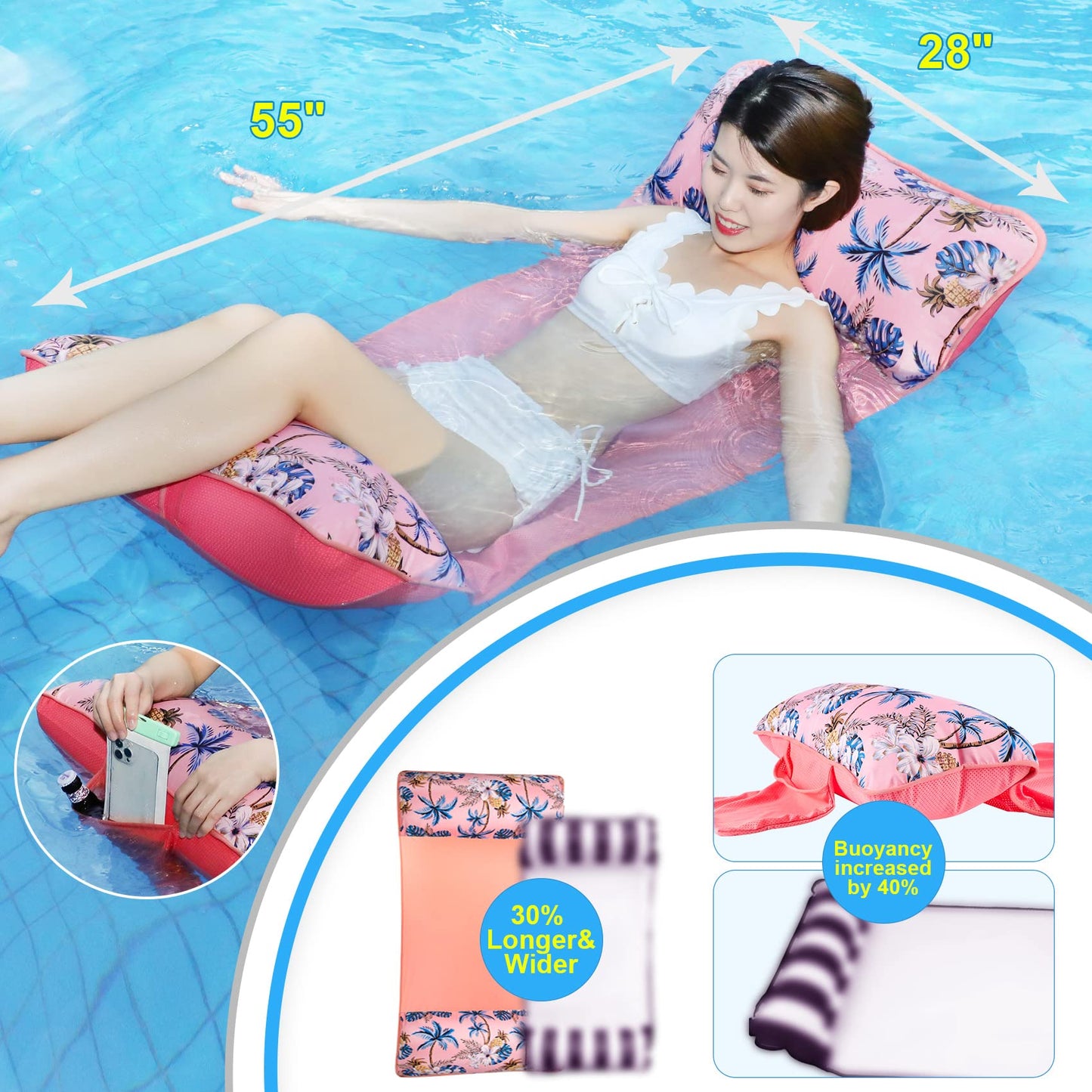 Pool Floaties for Adults, 2 Pack Inflatable Water Hammock with Soft Mesh, Swimming Pool Floats Chair, Beach Essentials for Vacation Travel, Heavy Duty Lake Inflatable Lounger Rest Fun