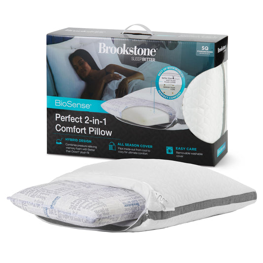 Brookstone 2-in-1 Comfort Memory Foam Pillow with Better Than Down Fill for Firm Yet Plush Feel - Innovative Hybrid Design Soft Bed Pillow with Dual-Sided Cool & Warmth Comfort All Seasons