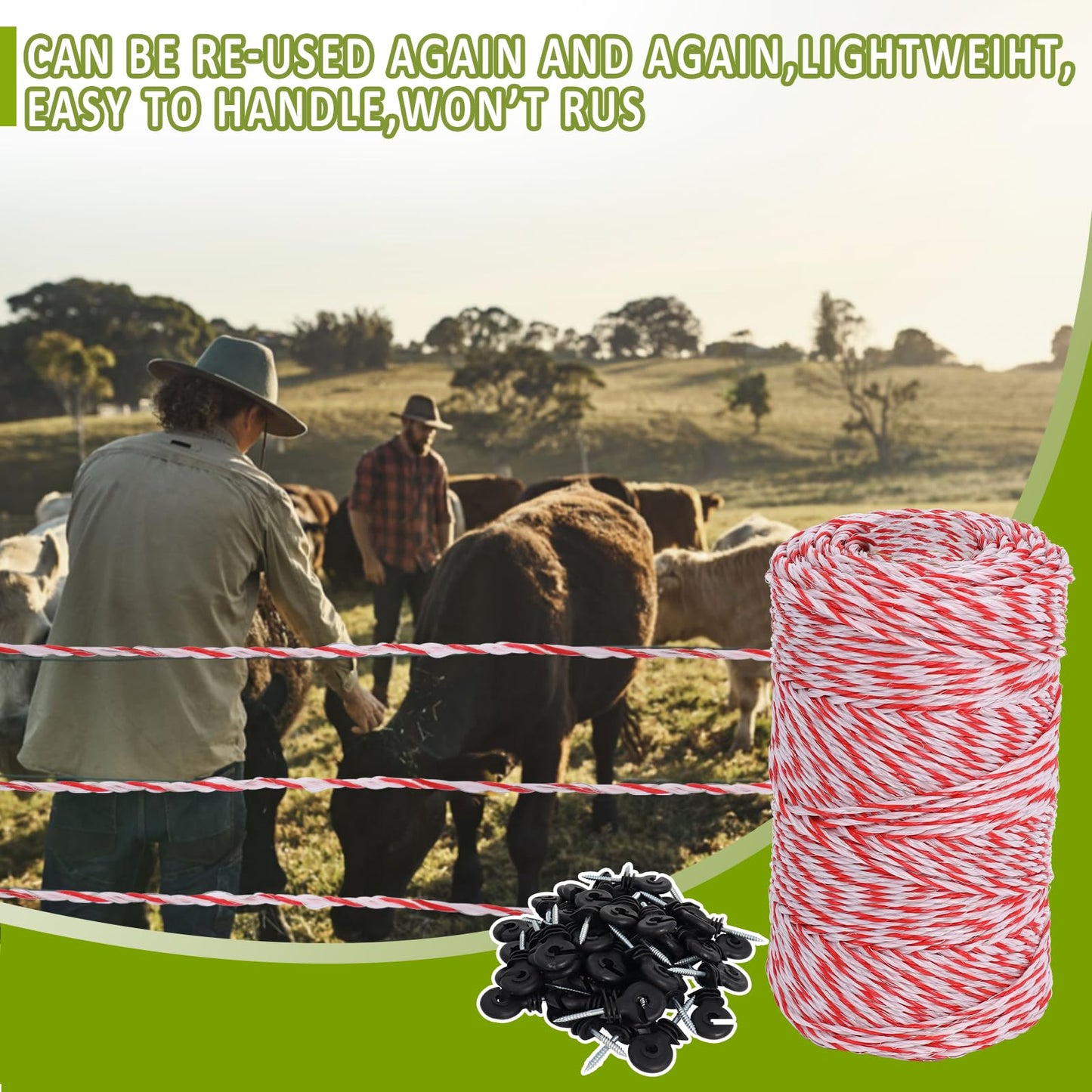 Electric Fence Polywire 660 Feet with 50 Pcs Electric Fence Insulator, High Conductivity Weatherproof 6 Steel Strands Electric Fence Wire & Insulator Socket Tool for Cattle, Horses, Sheep