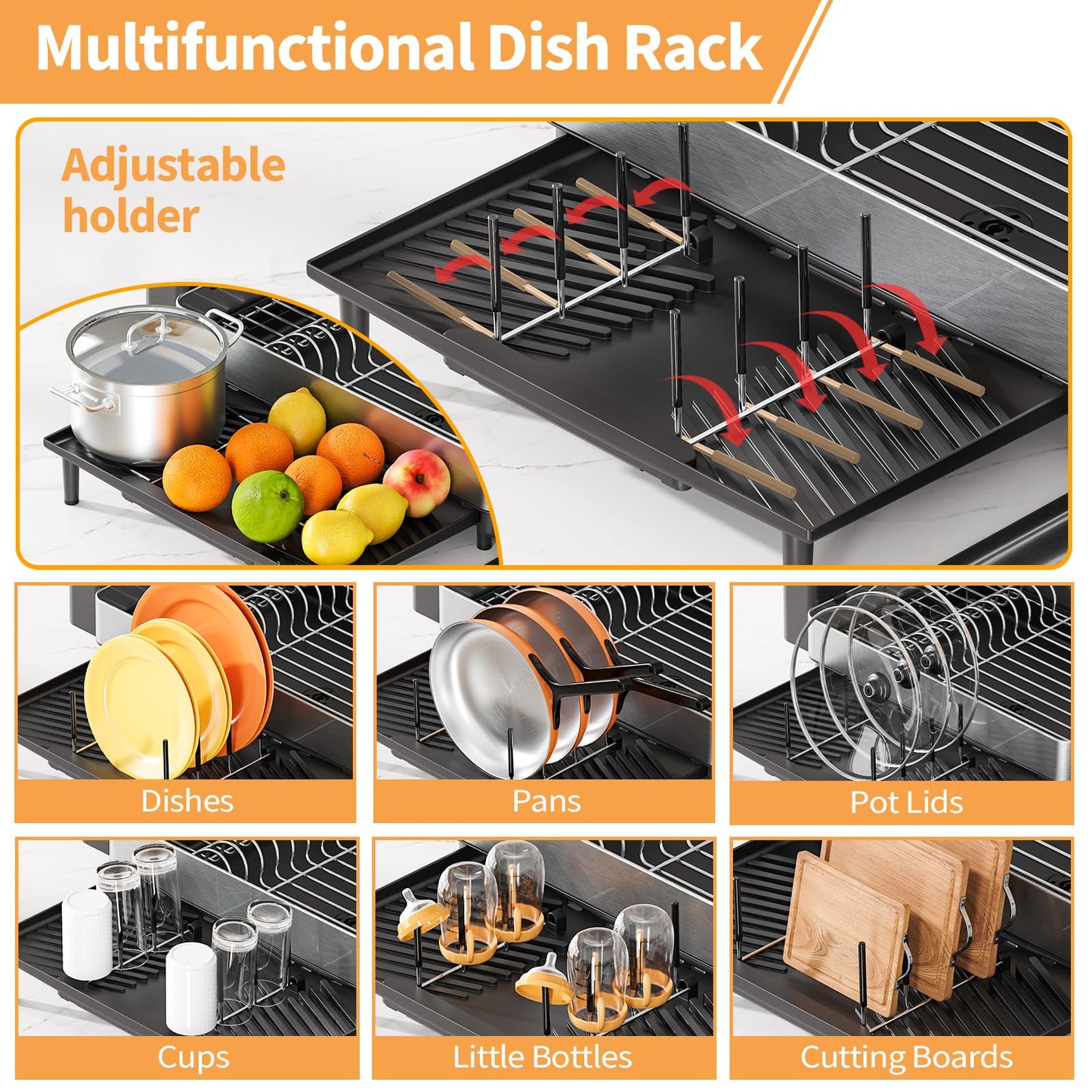 Expandable Dish Rack with Drainboard - Stainless Steel Dish Drainer with Removable Cutlery Tray, Foldable Cup Holder, Elevated Feet, Multifunctional Drainboard for Sink Countertop Kitchen Storage