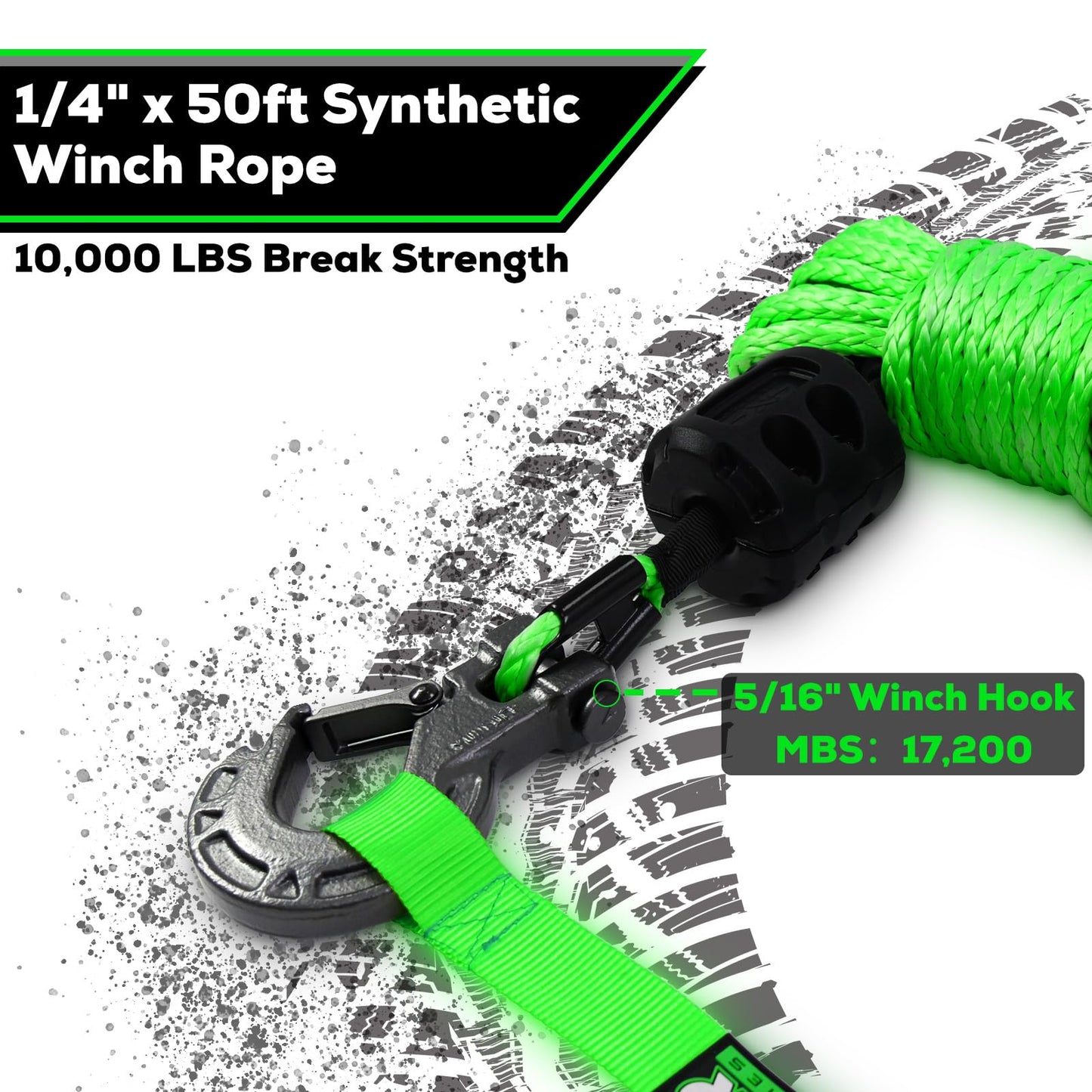 YUNFUER Synthetic Winch Rope Cable Kit, 1/4" x 50ft 10000LBS Green Winch Rope with Protective Sleeve, Forged Winch Hook, Rubber Stopper and Safety Pull Strap for ATV UTV (Green)