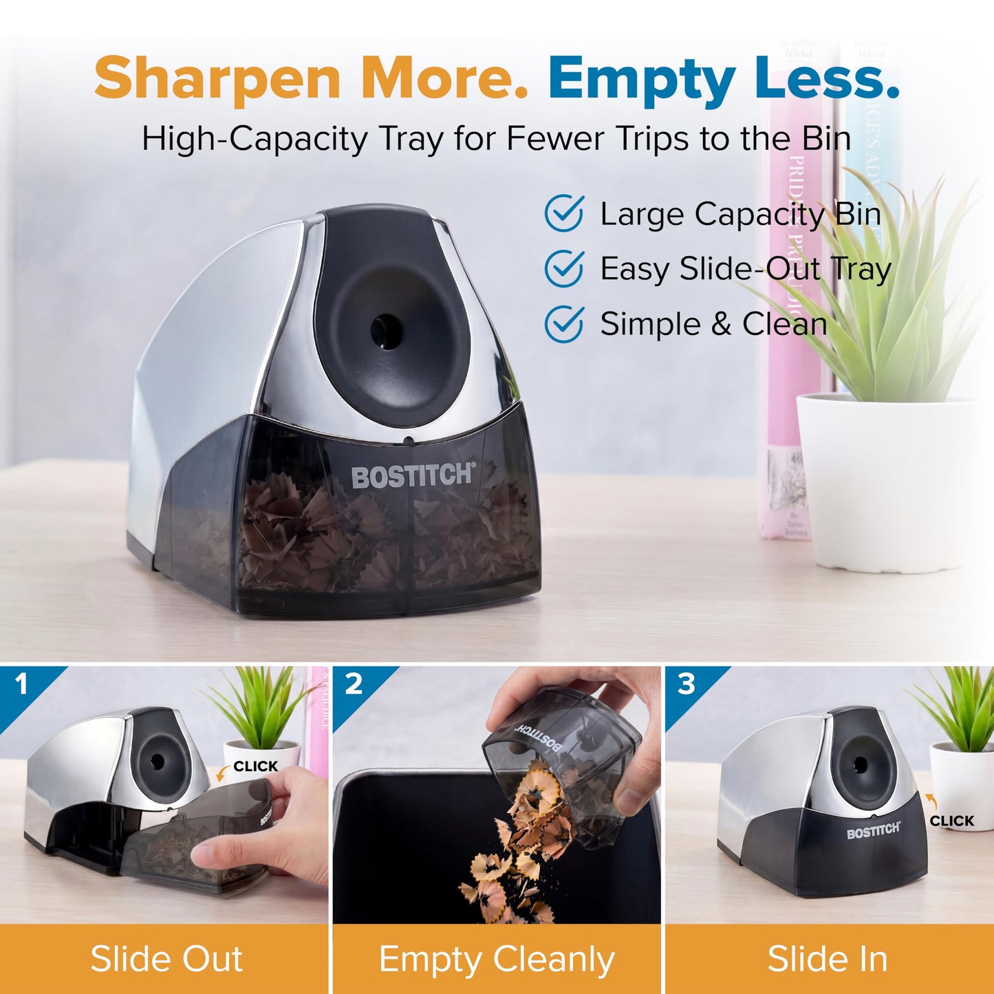 Bostitch Office Personal Electric Pencil Sharpener, Powerful Stall-Free Motor, High Capacity Shavings Tray, 7yr Warranty, Chrome Metallic