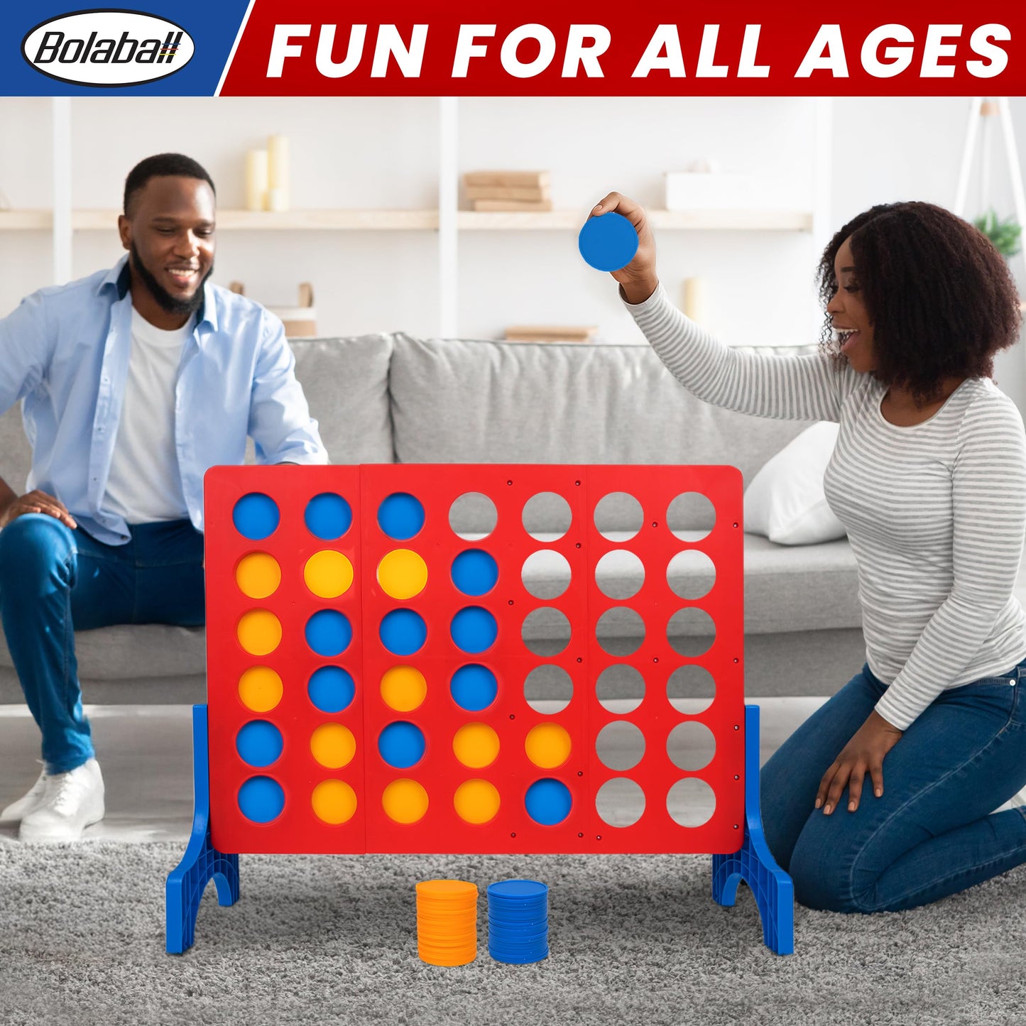 Bolaball Giant 4 Connect in a Row | Big Indoor/Outdoor Four in a Row Board Game | Kids and Family Edition | Jumbo Size 27 in by 22 in. | Red, Blue, and Yellow
