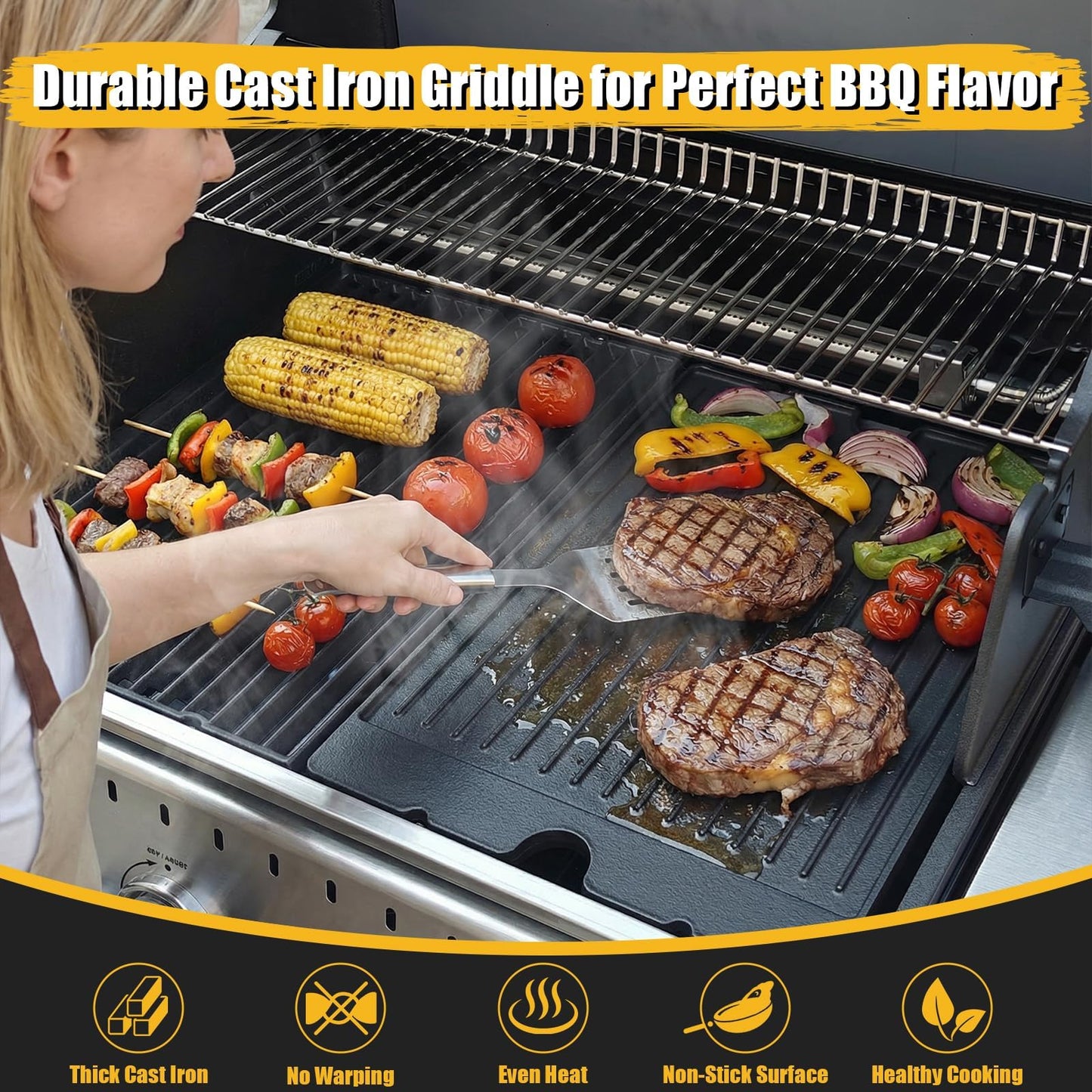 GFTIME 17.3"x12.7" bbq cast iron griddle pan for BroilKing Baron 420/440/490/520/590,Reversible grill griddle for BroilKing Crown 420/440/490,Crown Pellet 400/500,bbq griddle plate for BroilKing 11242