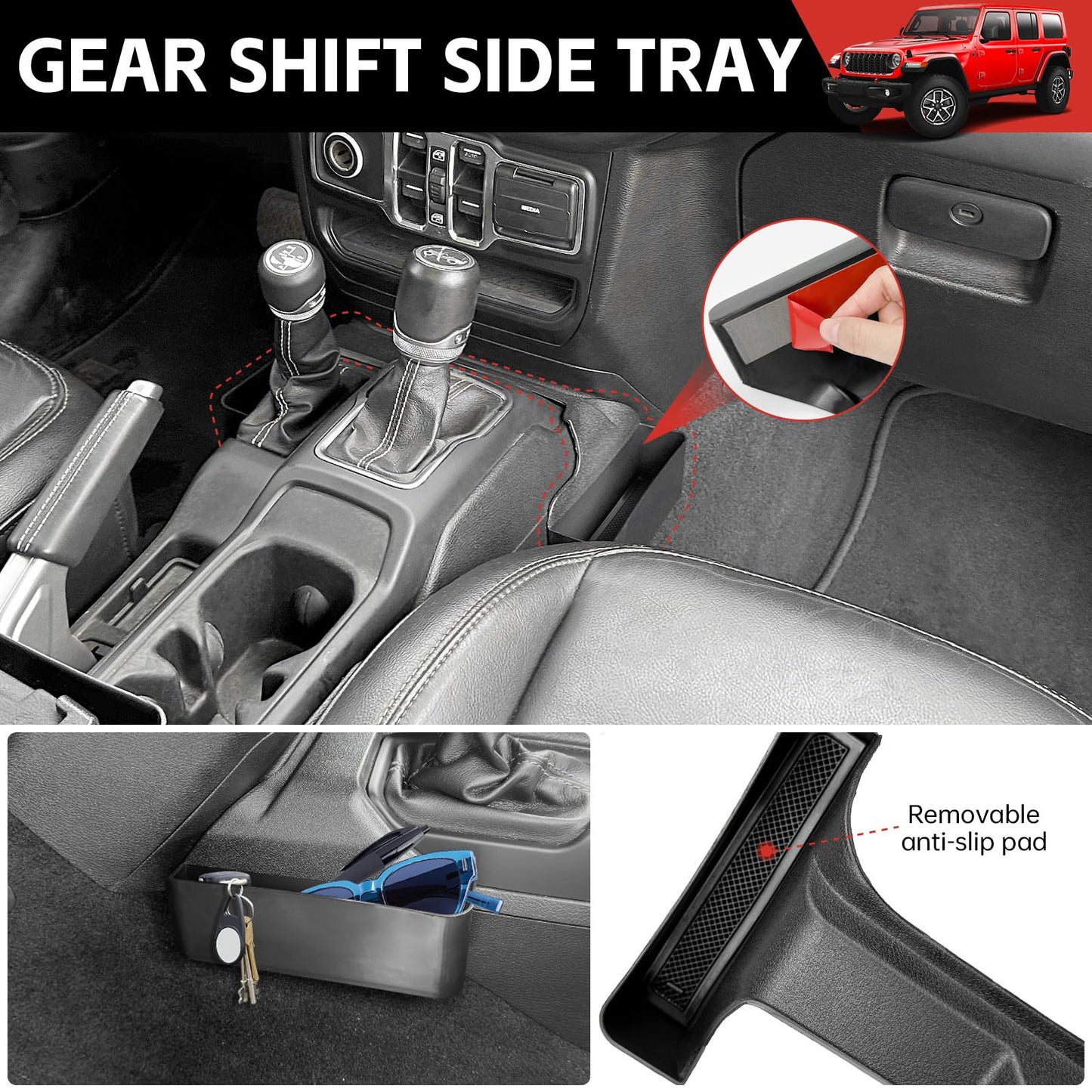 Utiiy Center Console Organizer for 2024 2025 Jeep Wrangler JL JLU 4XE/Gladiator JT Gear Shift Console Side Tray GrabTray Passenger Hanging Armrest Storage Box for Wrangler&Gladiator(24+ 4-piece)