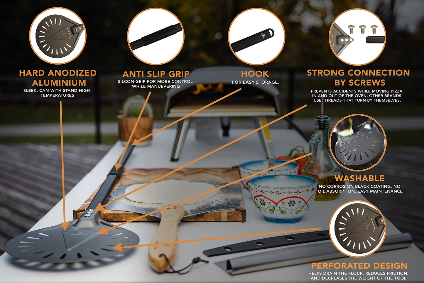 Timber Tree Pizza Turning Peel, Perforated Aluminum, with Detachable Handle for Easy Storage, Gourmet Luxury Pizza Paddle for Baking Homemade Pizza Bread (8 inch)
