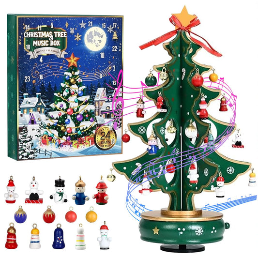 Christmas 24 Days Countdown Advent Calendar 2025, Musical Wooden Christmas Tree with Classic Music Box and 24 Pcs Snowman Santa Ornaments, Christmas Gifts