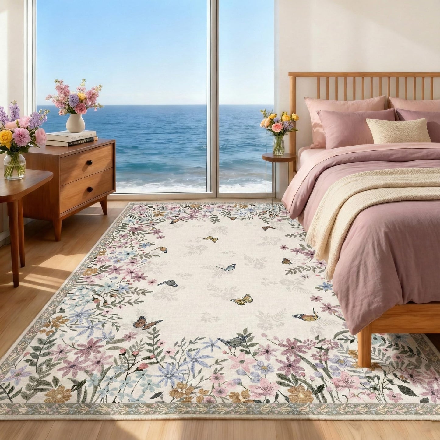 KUEAO 4x6 Area Rug Beige, Floral Rugs for Living Room, Lightweight Non Slip Washable Rug, Indoor Low Pile Boho Design Rugs for Bedroom Living Room Dining Room Beige