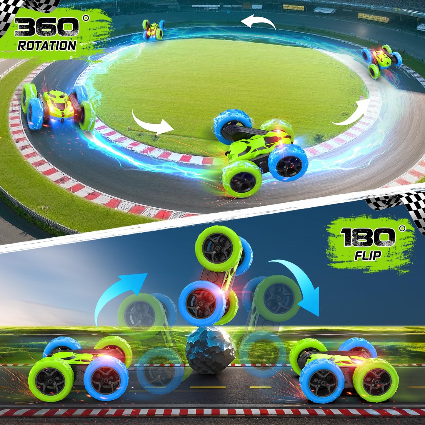 Remote Control Cars for Kids, Stunt RC Cars with 4WD Double-Sided Driving 360° Flips Rotating, Remote Car Toys for Boys Valentines Day Gifts Birthday Gifts - Blue&Green