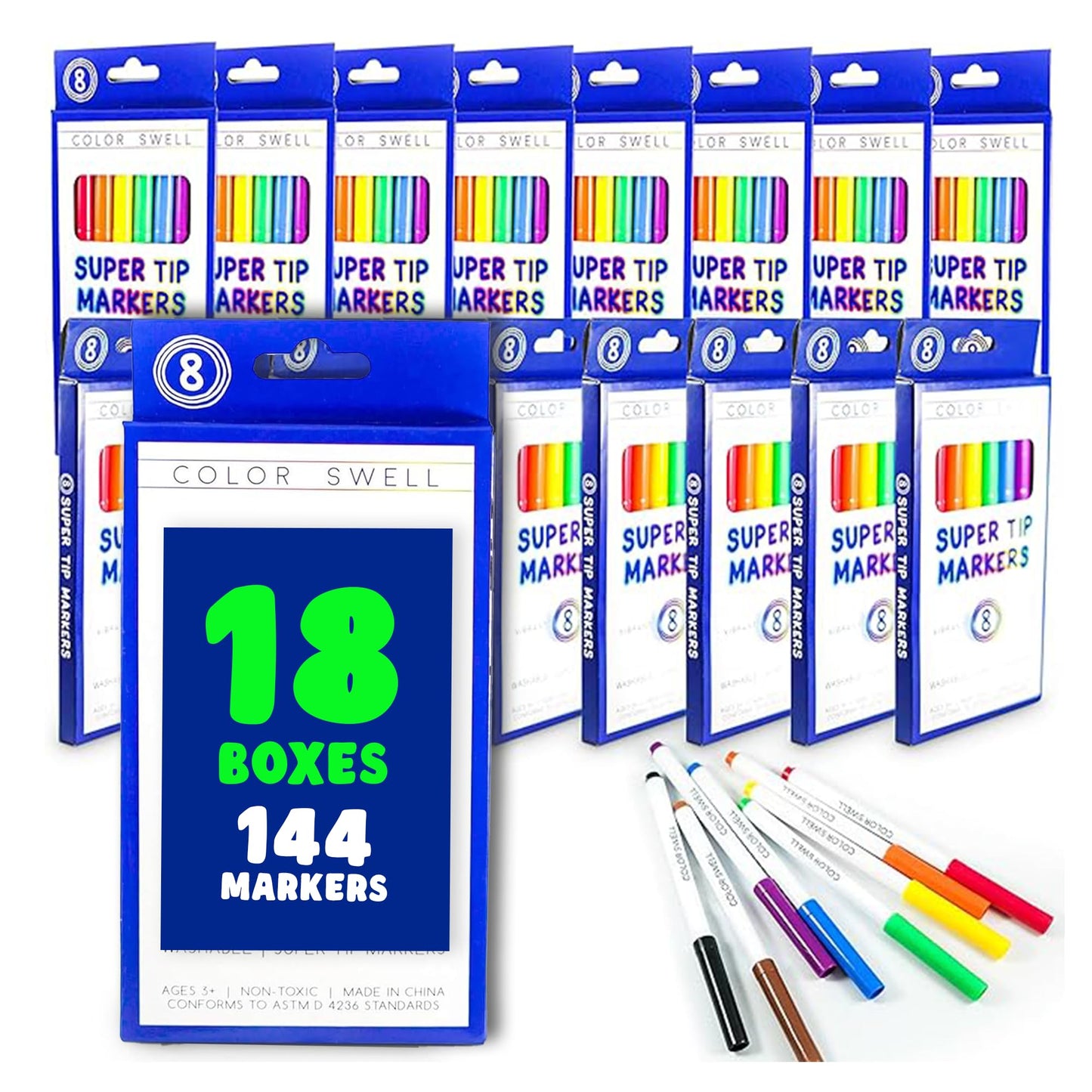 Color Swell Bulk Markers - 18 Packs 8 per Pack (144 Total) - Super Tip Bulk Markers