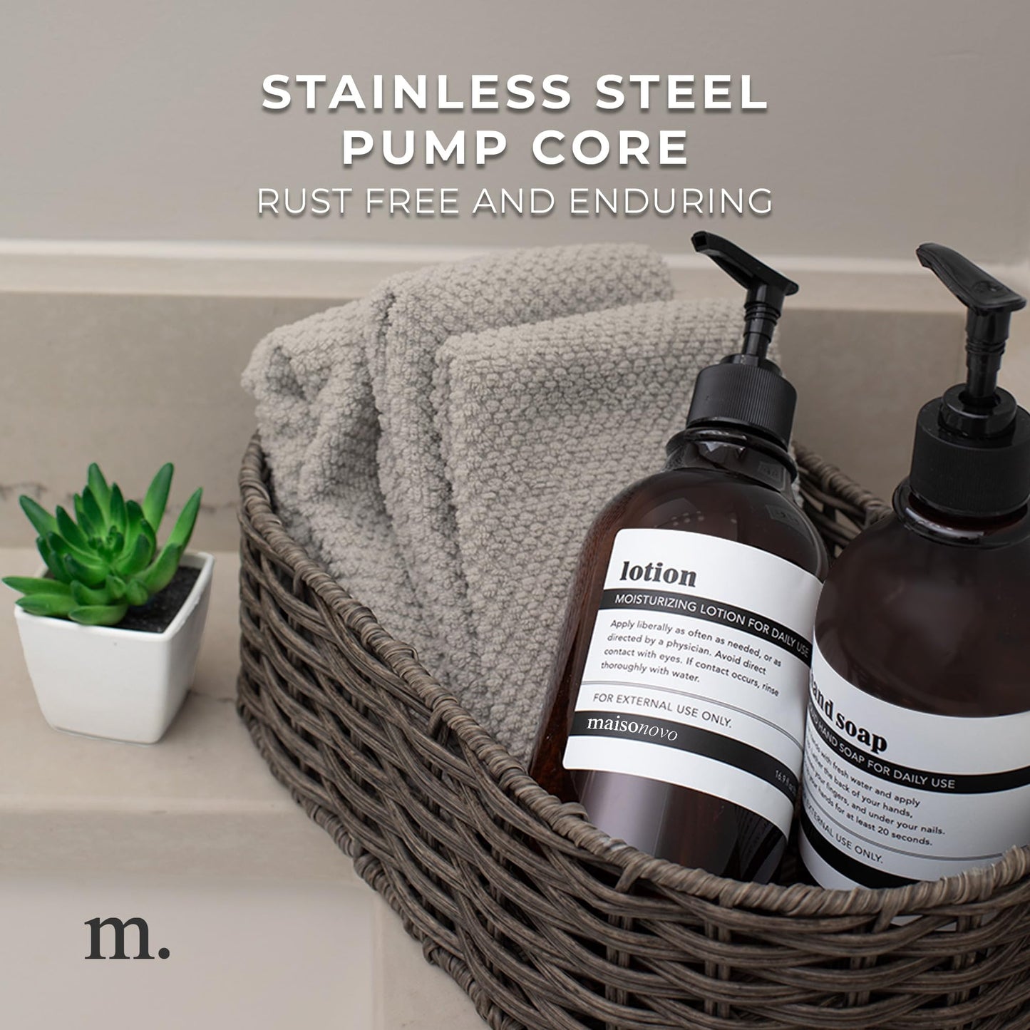 MaisoNovo Shampoo and Conditioner Dispenser Set of 3-500 ml Amber Shower Soap Dispenser with Black Pump - Luxury Shampoo Bottles Refillable for Bathroom with Waterproof Labels