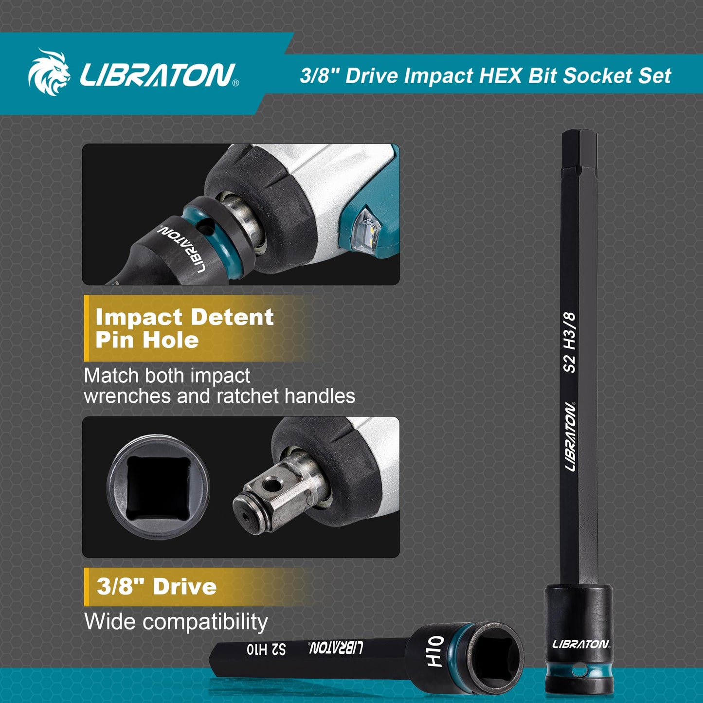 LIBRATON 3/8" Drive Long Impact Hex Bit Socket Set, Allen Bit Sockets, S2 Steel Hex Head Sockets, 20PCS Allen Wrench Socket, SAE&Metric Allen Bit Socket Set, 6" Long Allen Key Sockets, Blow Molded Box