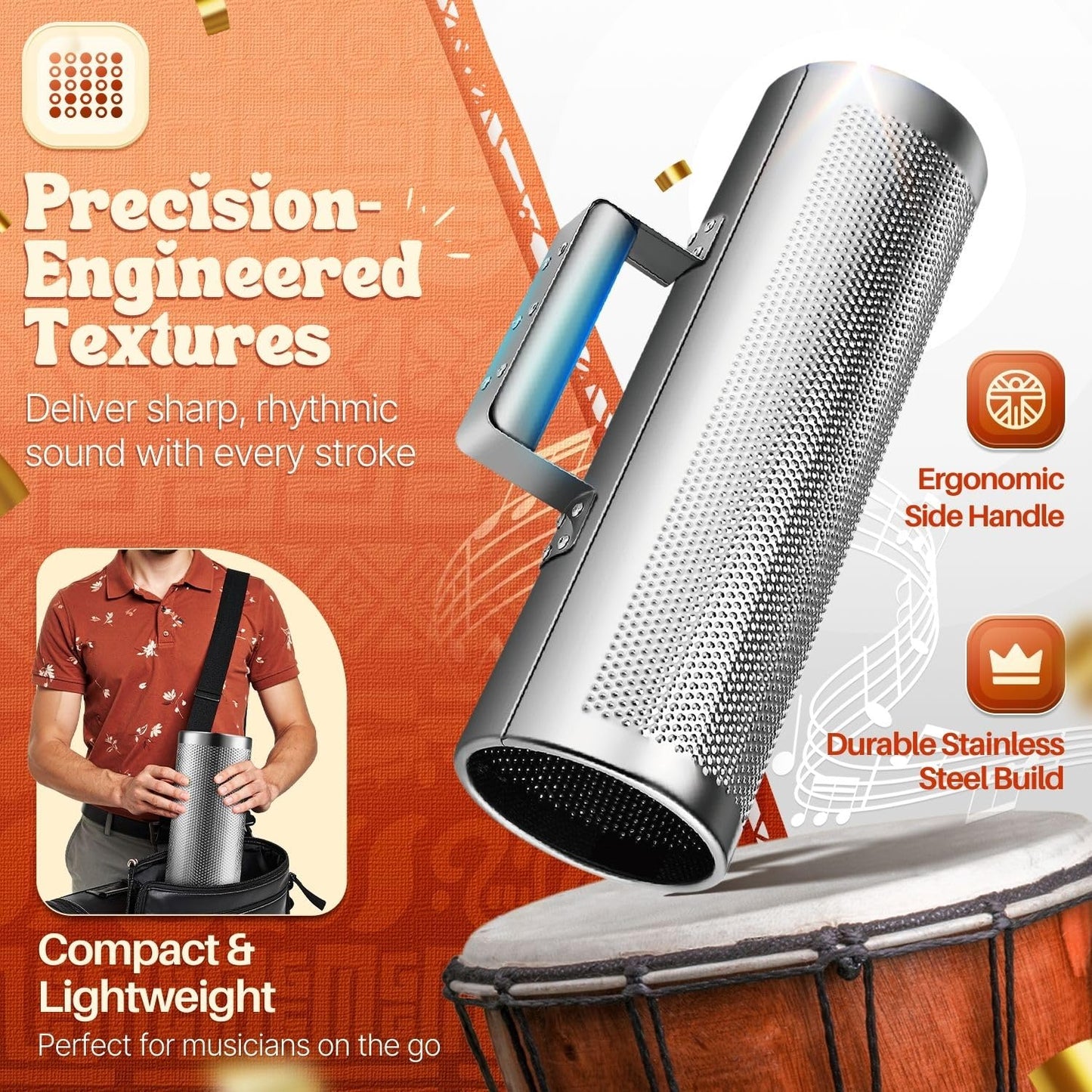 Flexzion Metal Guiro with Scraper Shack 4" x 12" - Merengue Guira Dominicana - Round Cylinder Stainless Steel Hand Musical Instrument Percussion for Jazz Bands, Concerts, and Live Performances
