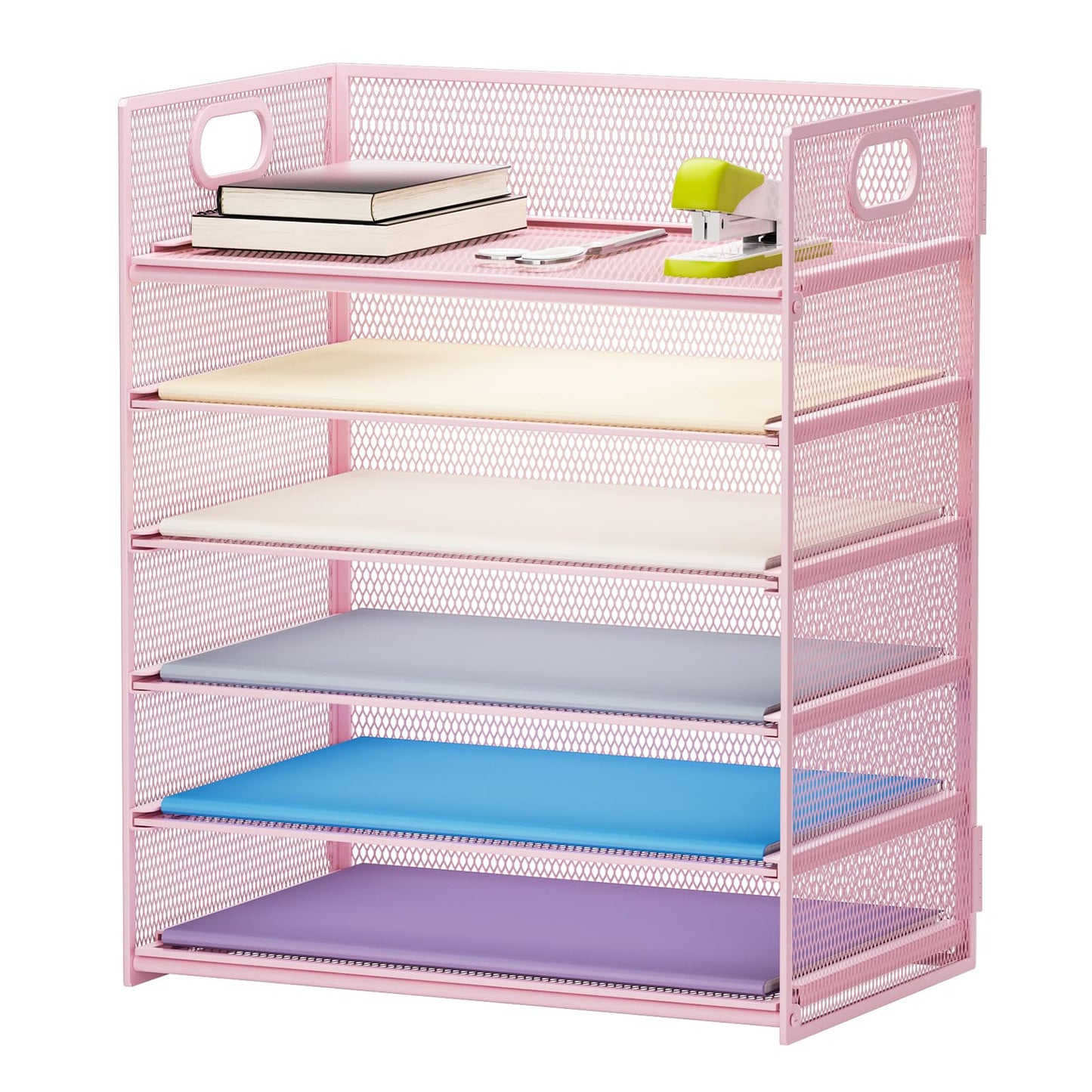 Marbrasse 6 Tier Desk Organizer, File Organizer with Handle, Mesh A4 Paper Organizer, Letter Tray for Office, Home or School (Pink)