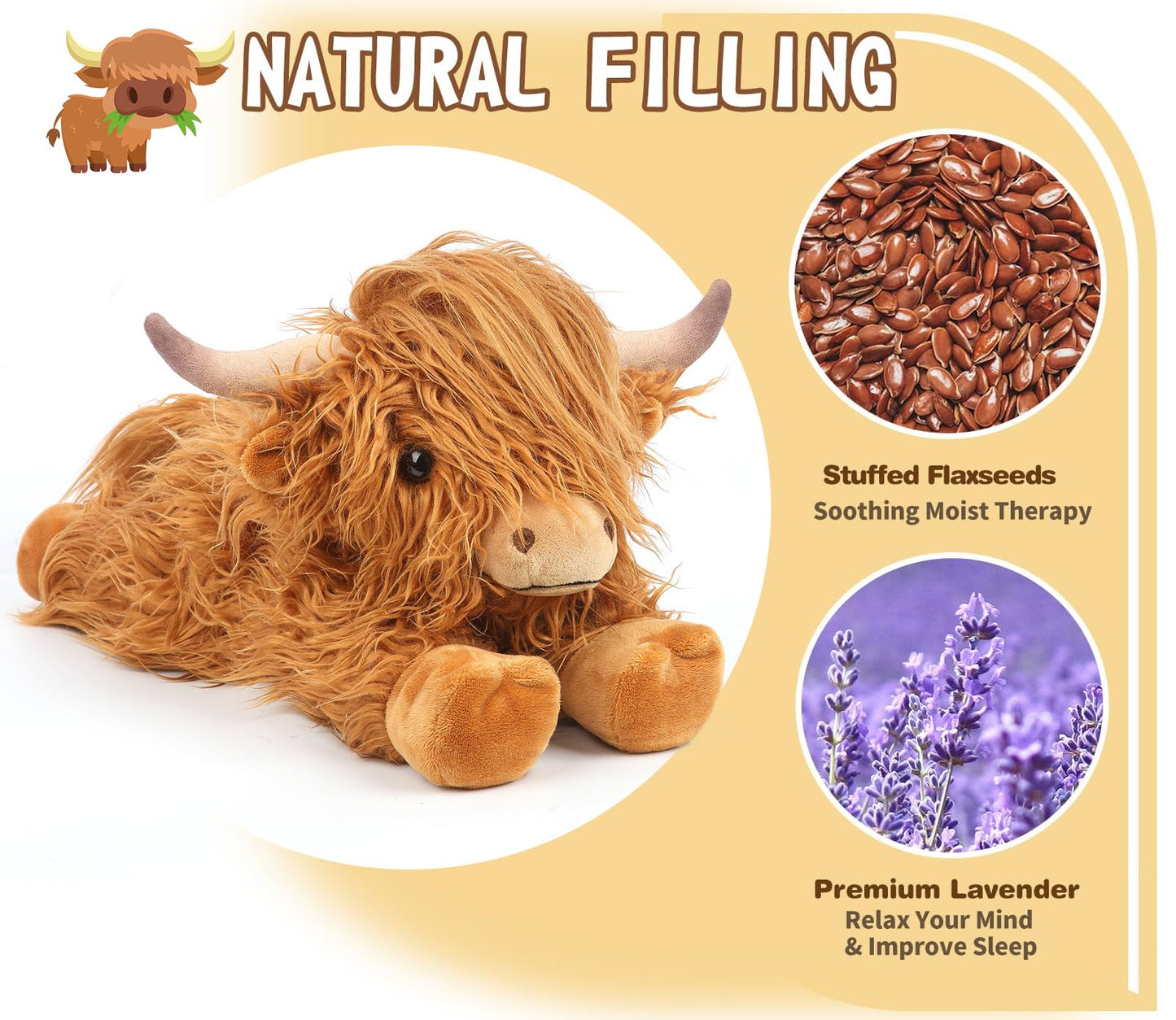 Highland Cow Stuffed Animals, Microwavable Stuffed Animal Adorable Fluffy Cow Plush for Warmth Comfort, Heatable Coolable Lavender Scent Cow Toys, Cute Soft Plushie Highland Cattle Gift for Kids Adult