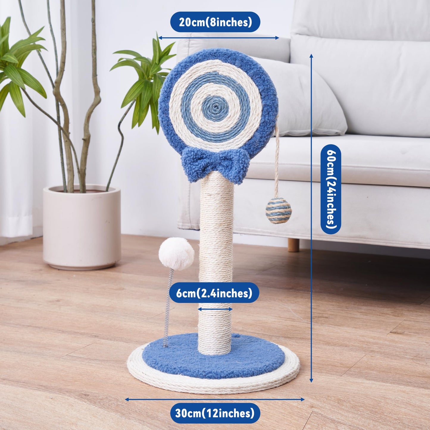 Cat Scratching Post Scratcher for Kittens Cute Small Cat Sisal Rope Indoor Scratch Mini Blue Kitty Decorative Accessories 24 inches Lollipop Post Toy Ball
