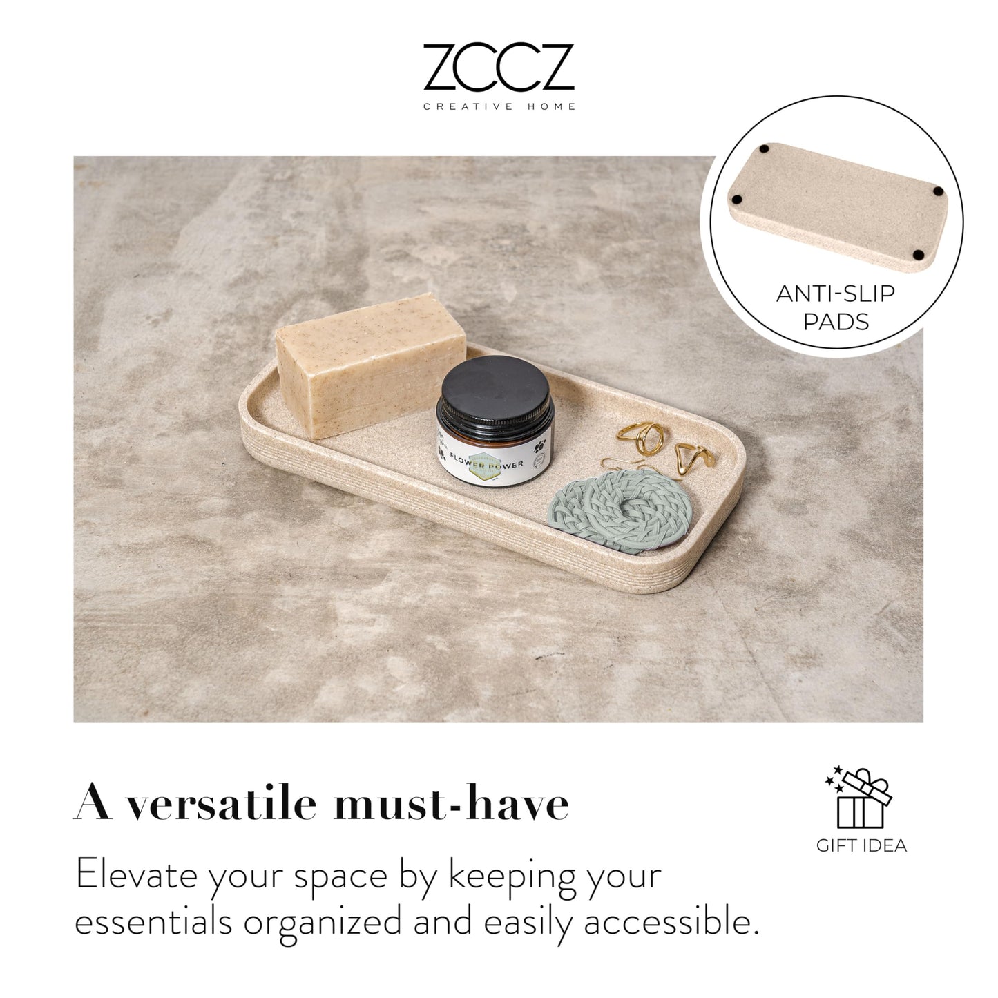 zccz Beige Bathroom Accessory Set 6 Pcs - Soap Dispenser, 2 Qtip Holder Dispenser, Toothbrush Holder, Vanity Tray, Bathroom Tumbler - Decorative Countertop Vanity Organizer - Accessoire Salle De Bain