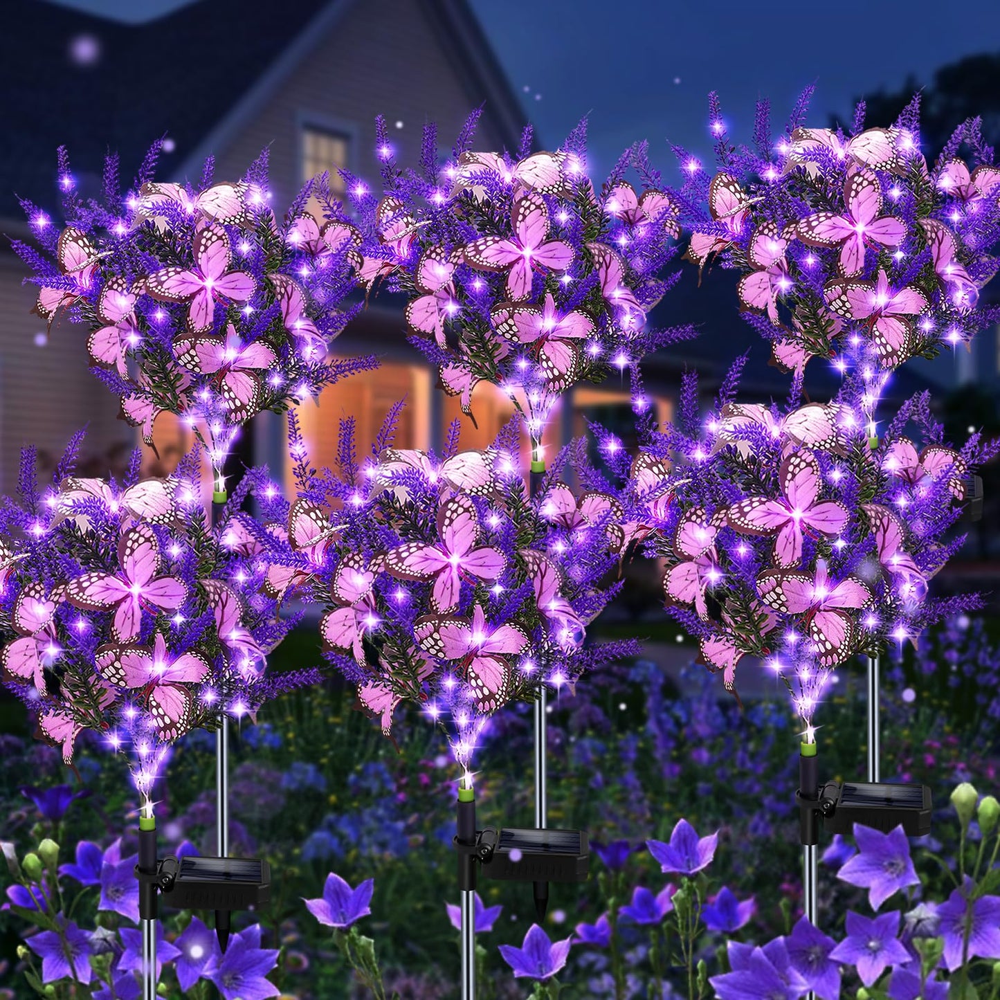 Kohlrabi Solar Garden Lights Outdoor, 6 Pack Solar Butterfly Lights Purple Lavender Gardening Gifts for Women, Purple Artificial Flower with Butterfly Garden Decor for Lawn Patio