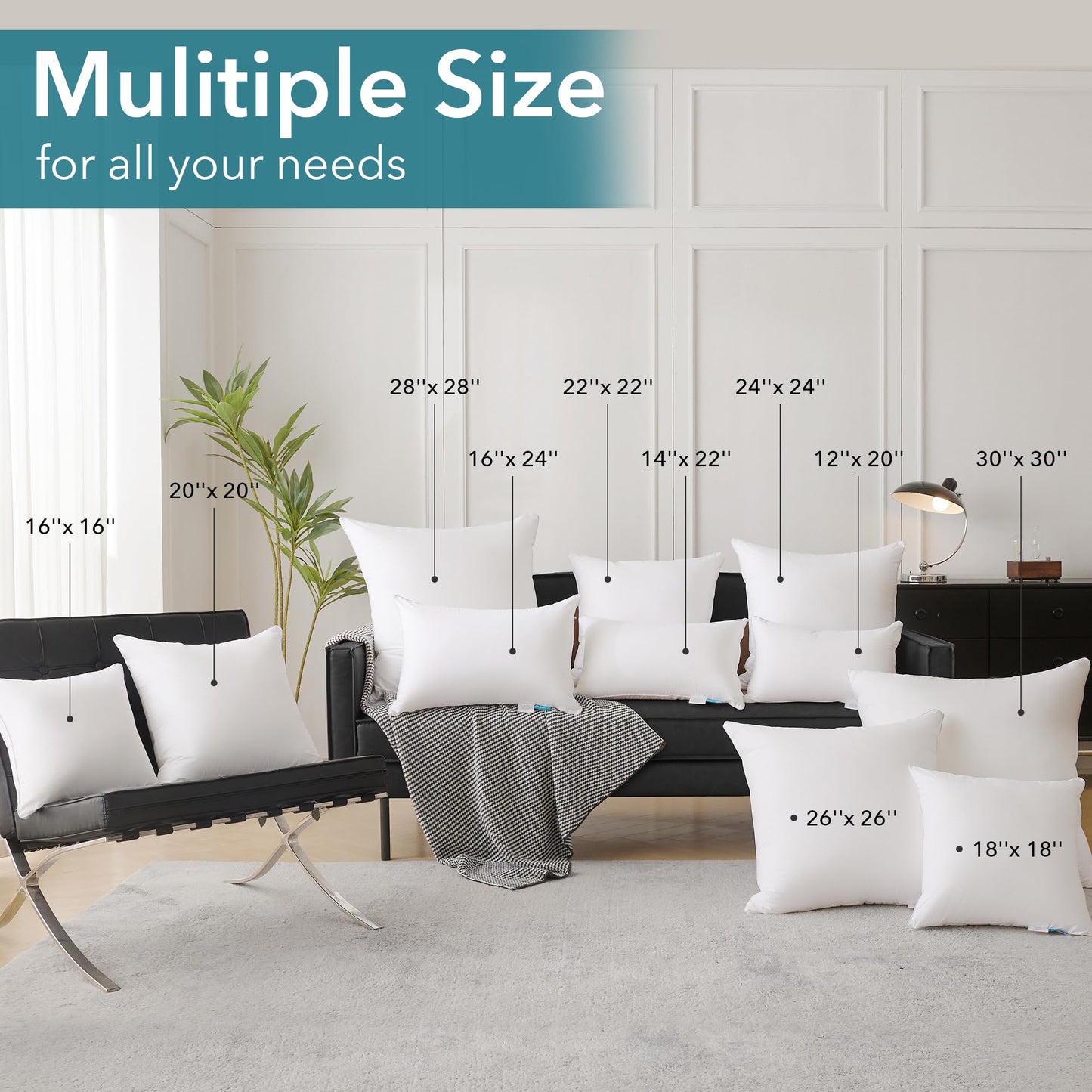 Oubonun 26 x 26 Pillow Inserts (Set of 2) - Throw Pillow Inserts with 100% Cotton Cover - 26 Inch Square Interior Sofa Pillow Inserts - Decorative Pillow Insert Pair - White Couch Pillow