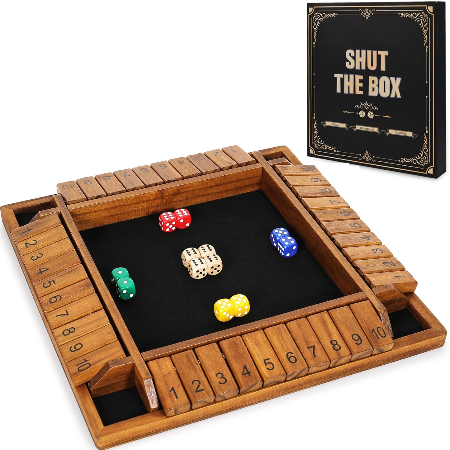 VAMSLOVE 12 inches Shut The Box Dice Game Wooden Board for 2-4 Player, 4 Sided 10 Numbers Math Games with 8+4 Dices Close The Box for Kids Adults(Instructions Included)