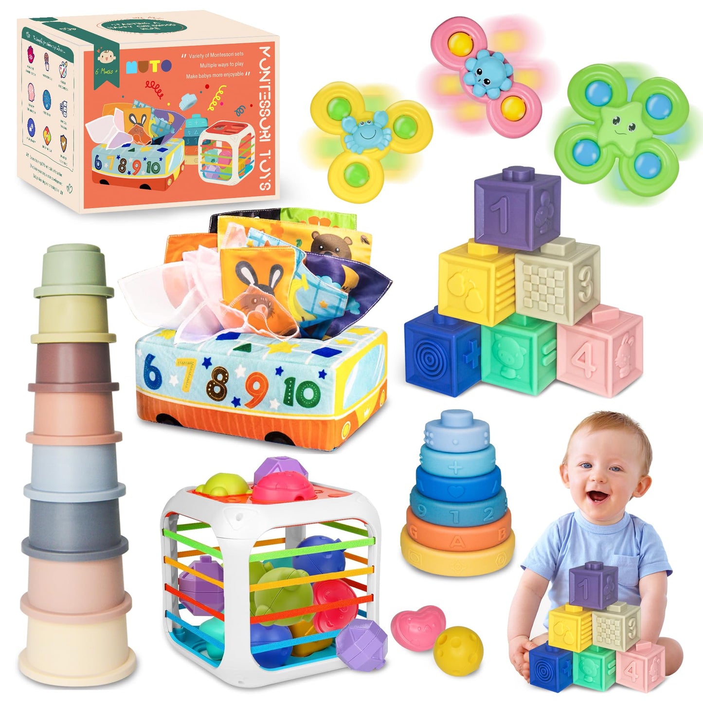 MutoToy ® Baby Toys 6-12 Months, 6 in 1 Montessori Toys for Babies, 42PCS Sensory Toys with Stacking Cups, Suction Cup Spinner Toys, Baby Tissue Box Toy, Shape Sorter, Stacking Rings, Baby Blocks
