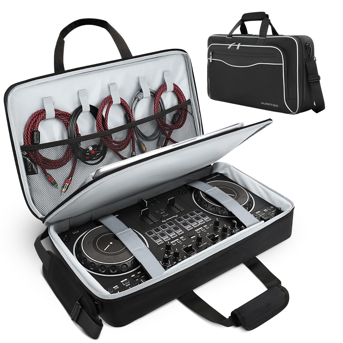 AUROTIER DJ Bag for DDJ-FLX4/DDJ 200/DDJ 400/DDJ REV1, Padded DJ Controller Crossbody Bag with 4 Pockets for 17.3 Inch Laptop, Cables, DJ Mixer Case with Adjustable Shoulder Strap for DJ Equipment