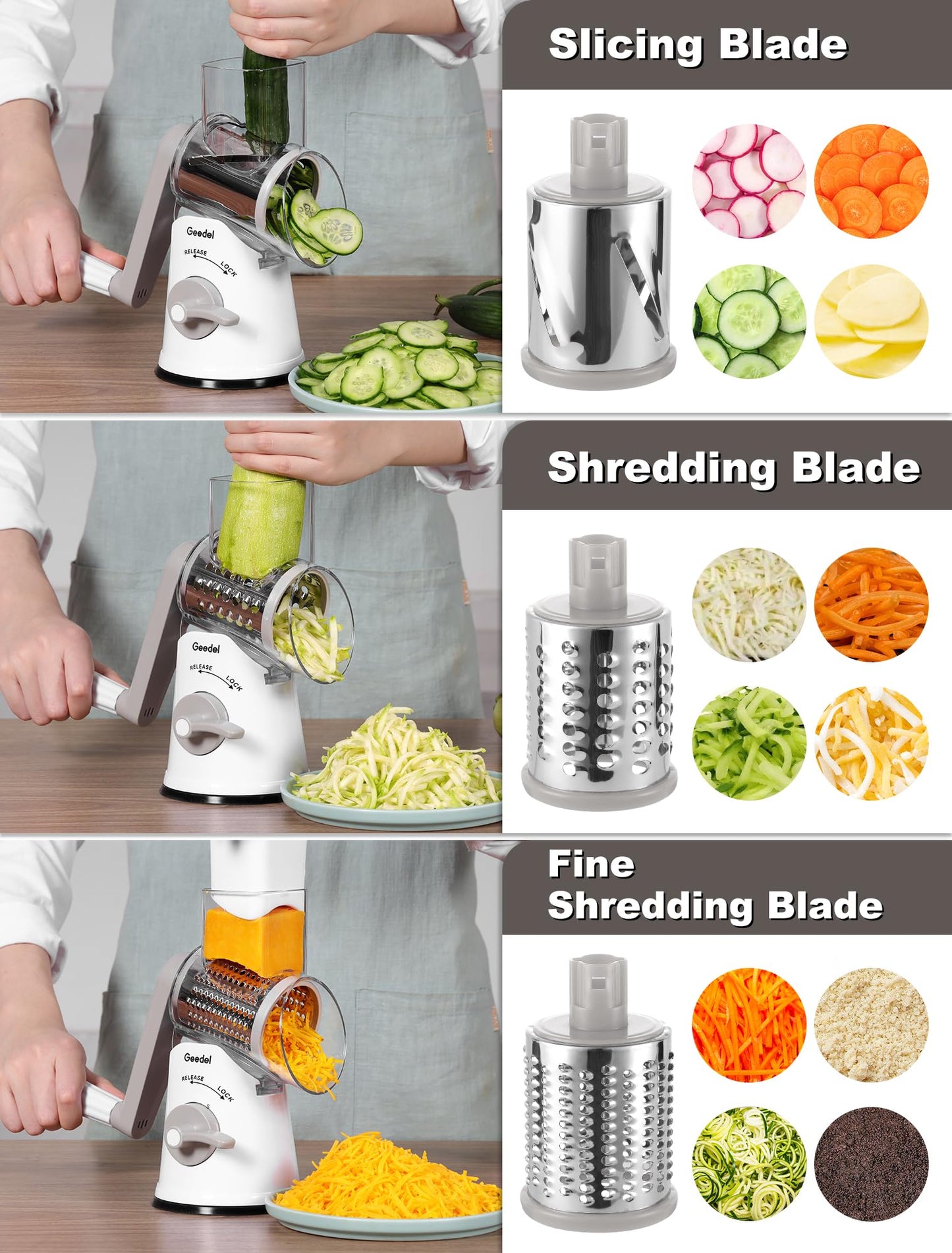 Geedel Rotary Cheese Grater, Mandoline Vegetable Slicer with 5 Interchangeable Blades, Easy to Use Rotary Grater Slicer for Fruit, Vegetables, Nuts, White