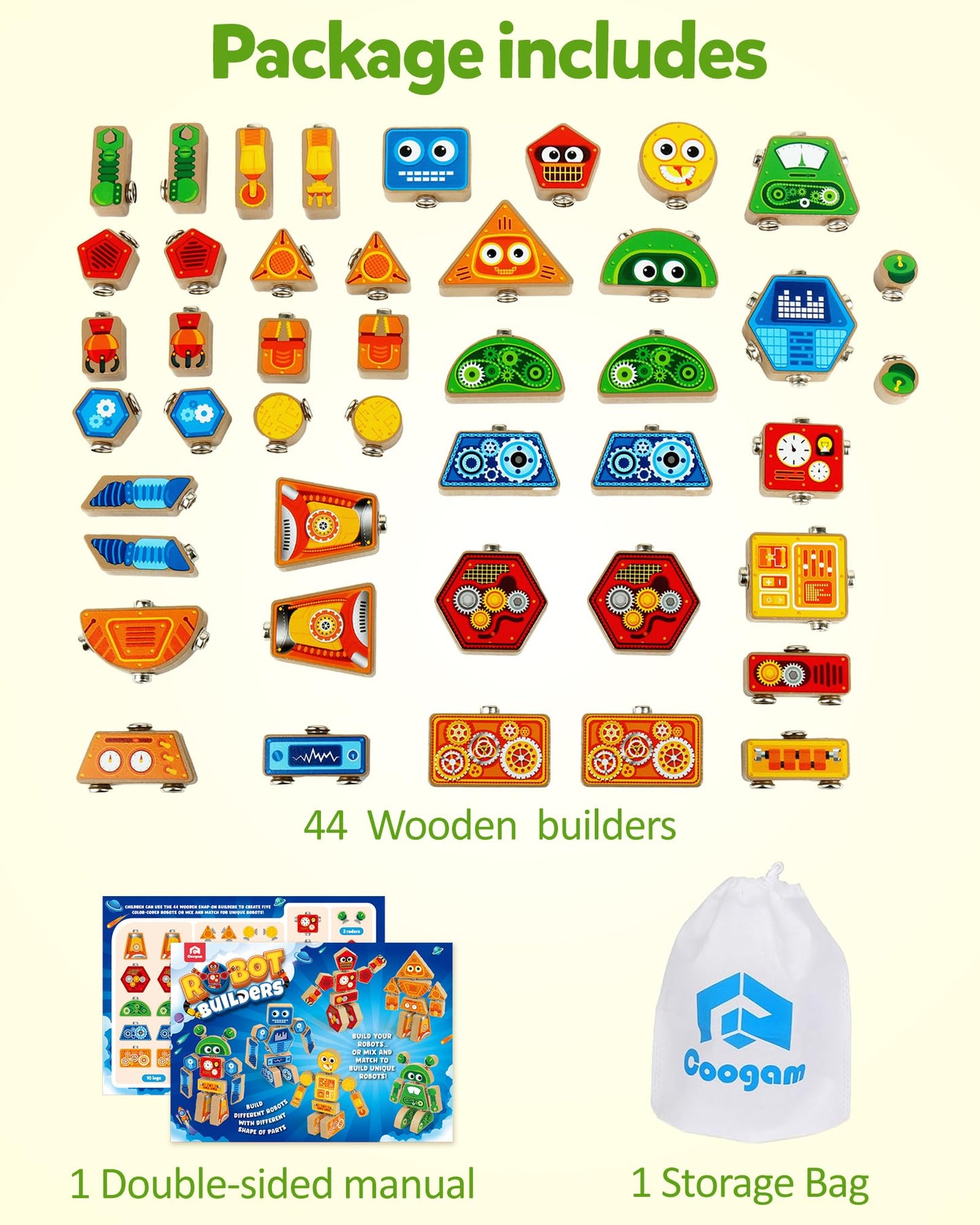 Coogam Take-Apart Robot Blocks Playset, Wooden Snap-Together STEM Building Toy, Fine Motor Construction Builder, Color Shape Educational Learning Toy Gift for Boys Girls 3 4 5 Year Old