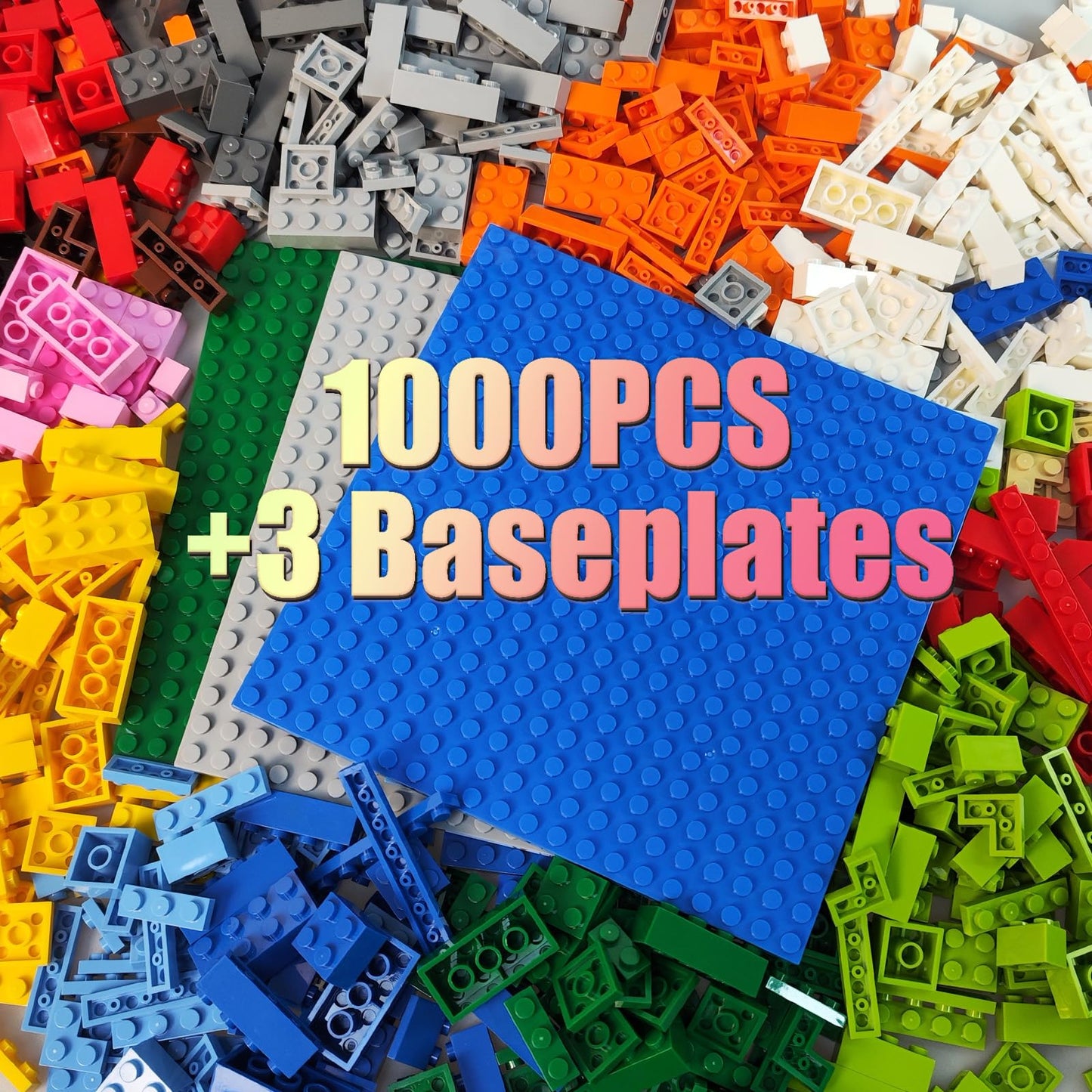 1000 Pieces Building Blocks, Classic Stackable Base Plates, 3 6.3" x 6.3" Blue, Gray and Green Base Plates,Compatible with All Major Brands