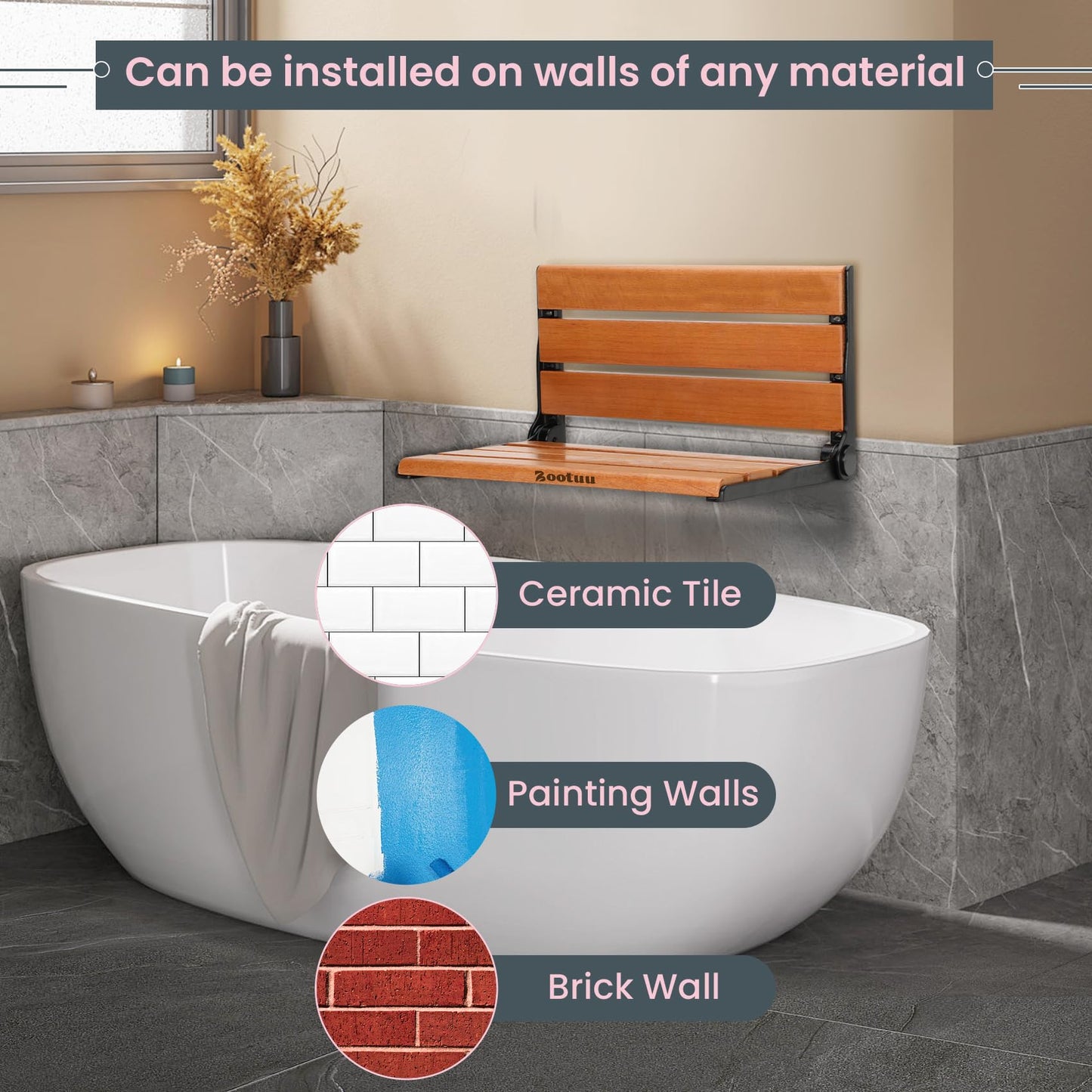 18" Teak Folding Shower Seat Wall Mounted,Fold Down Shower Bench for Small Shower Space, Home Care Teak Wood Seat for Inside Shower