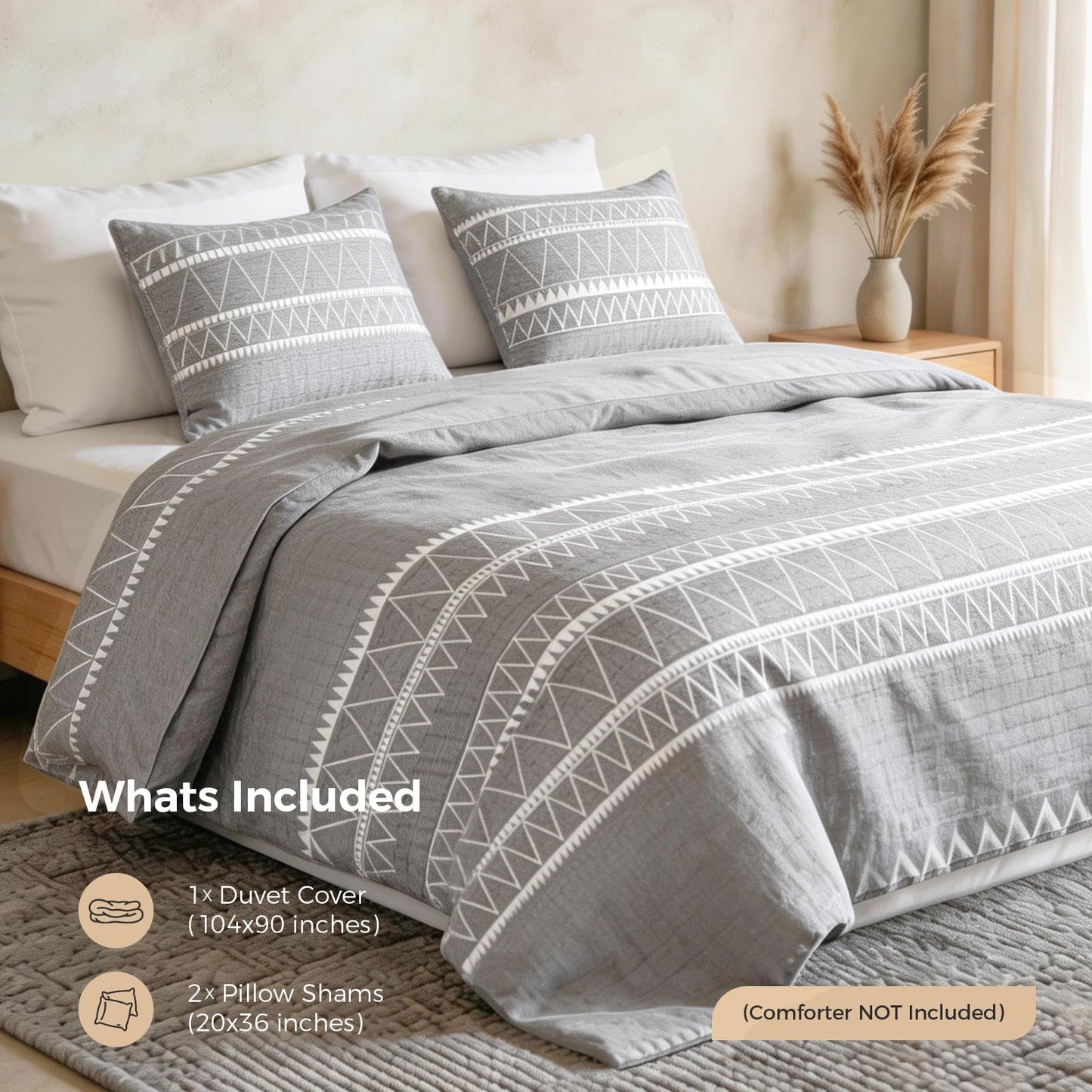 Lekesky Boho Duvet Cover King, Ultra Soft Brushed Microfiber King Duvet Cover Set, 3 Pieces Breathable King Bedding Sets with Zipper Closure and Corner Ties, Grey Striped