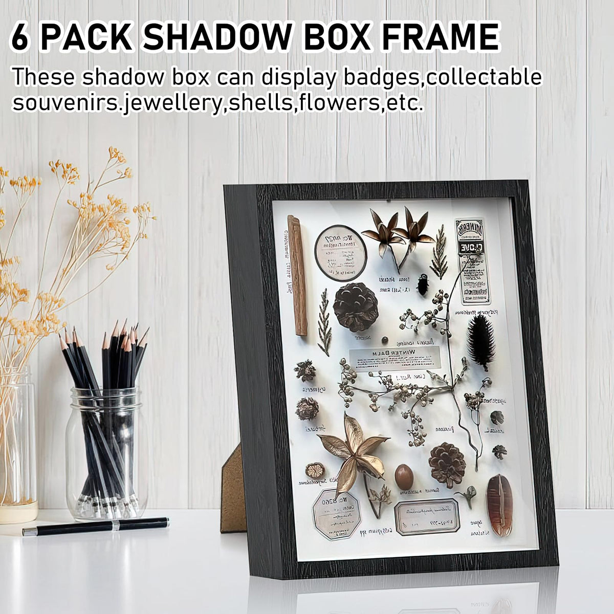 6 Pack Shadow Box Picture Frame, 8x10 Shadow Boxes Display Cases Wood Shadow Box Set for Dried Flowers, DIY Craft, Memorabilia, Medals, Photos, Wall Tabletop Display (8 x 10 Inch, Black)