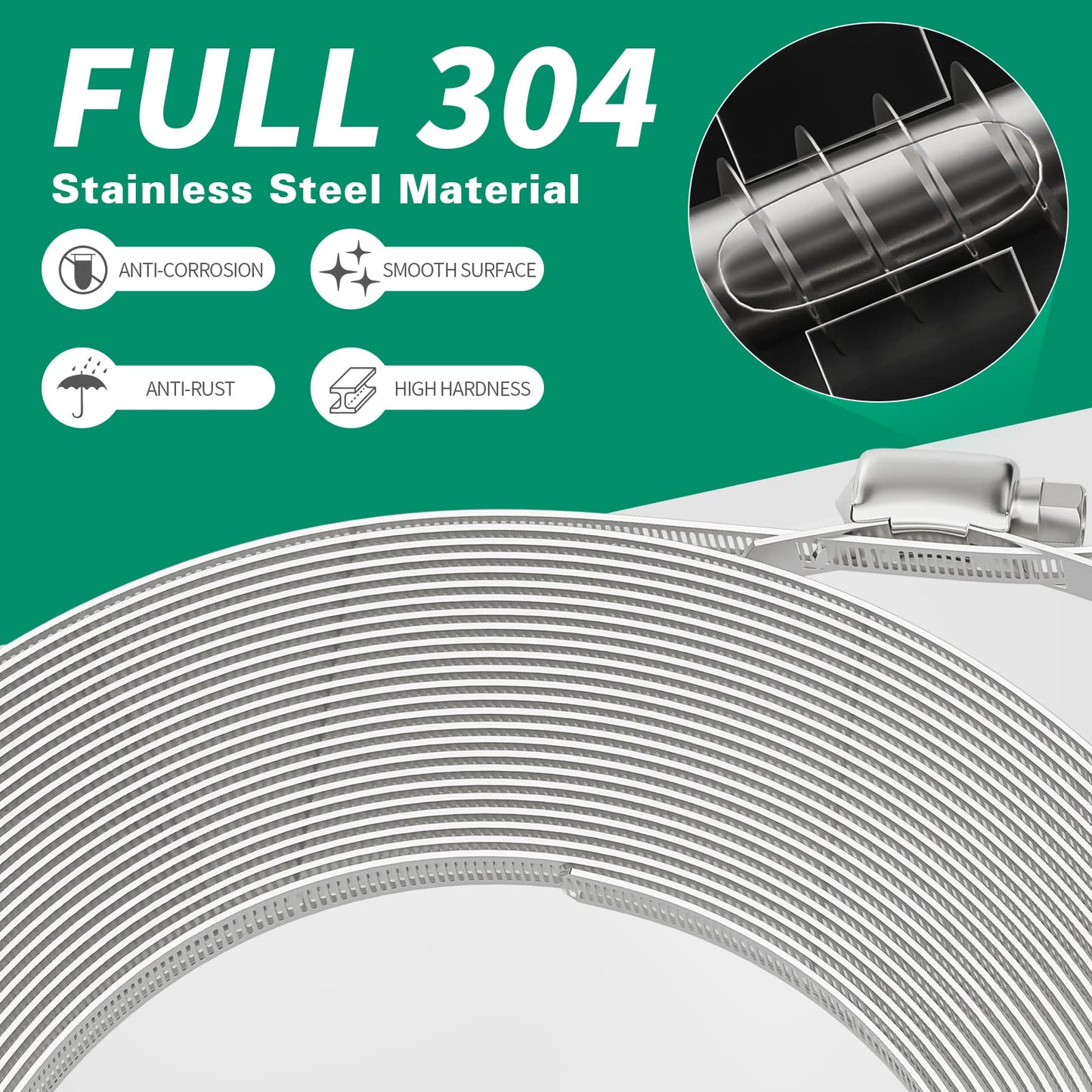 OURU 50FT Hose Clamps,304 Stainless Steel Hose Clamp Assortment Kit DIY Metal Strapping with Holes+20 Fasteners,Adjustable Worm Gear Large Hose Clamps Metal Band Screw Clamp Straps for Pipe,Duct,Tube