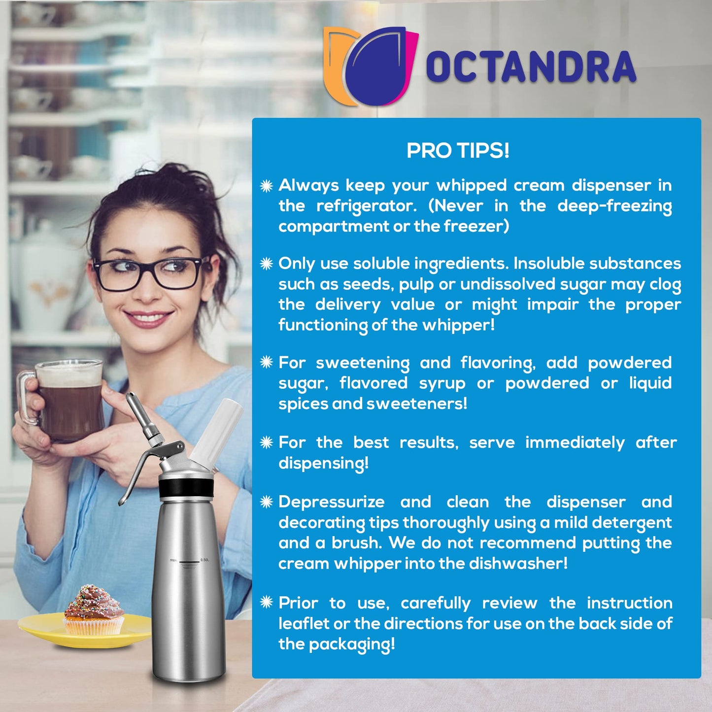OCTANDRA Professional Whipped Cream Dispenser – 1 Pint Aluminum Cream Whipper Canister - Whipping Siphon - Whip Cream Maker with 3 Stainless Steel Tips, 2 Charger Holders, Brush & Storage Cap