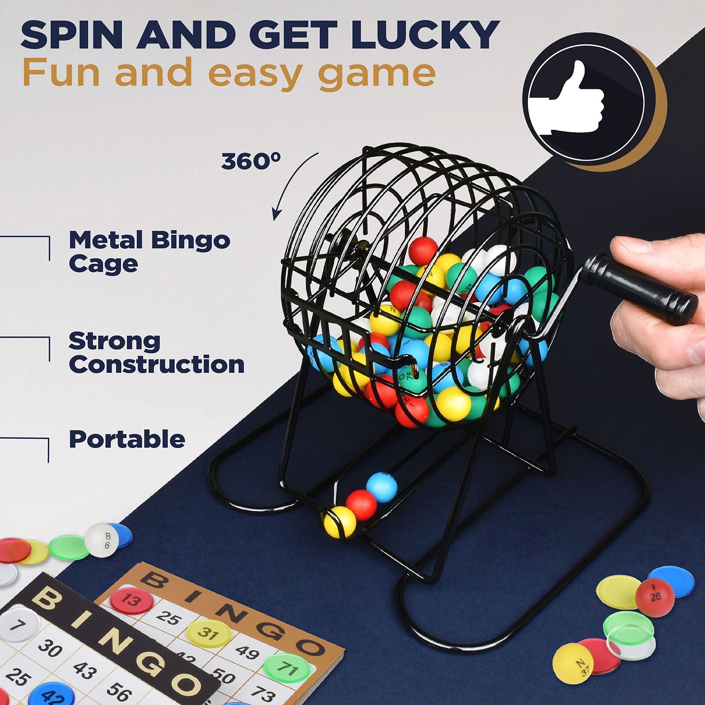 Queensell Bingo Game for Adults - Best Board Game With Metal Cage, Balls Set, and Cards - Family Game for Large Groups