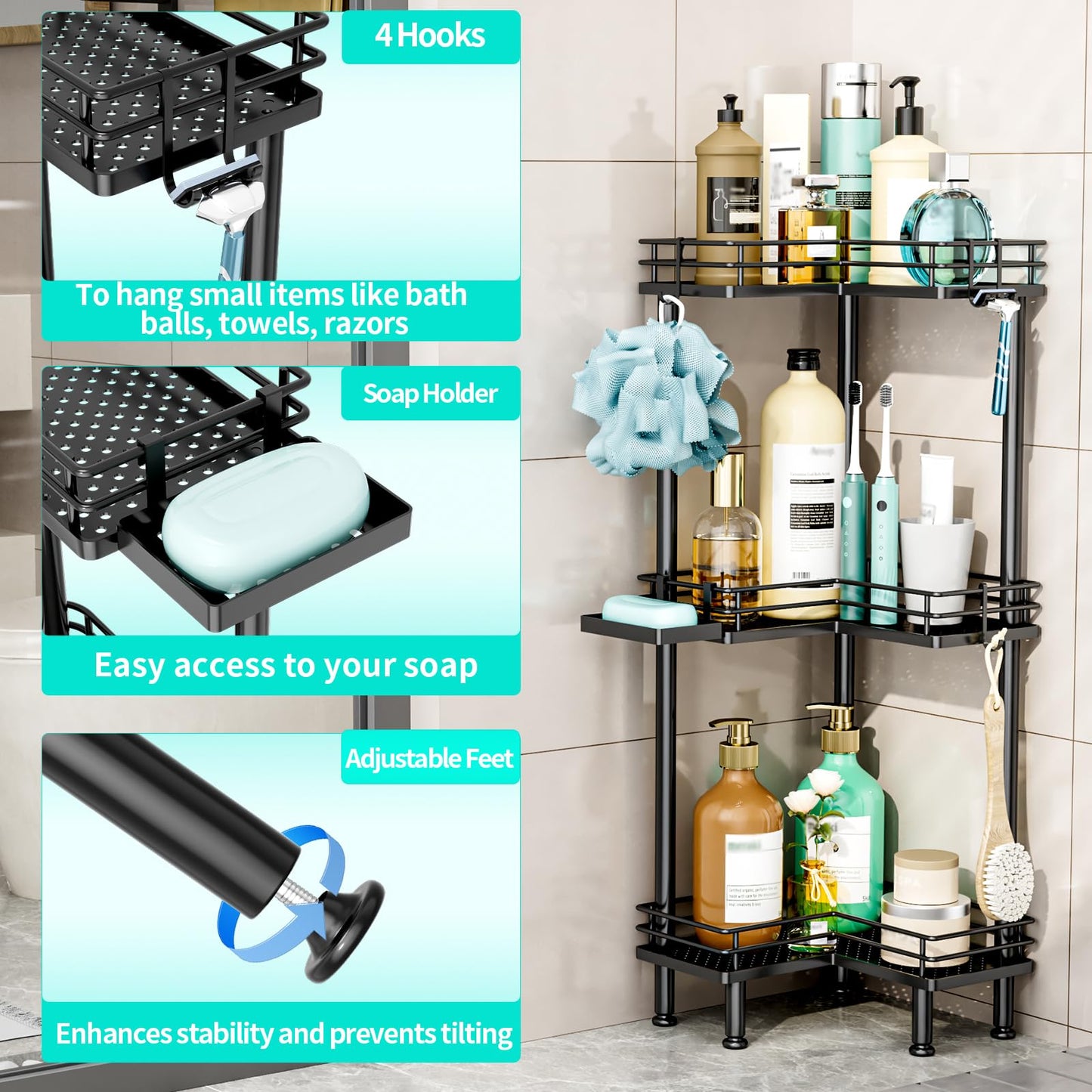 HapiRm Corner Shower Caddy Standing - 3 Tier Shower Caddy Corner Stand with Shampoo Holder, Floor Bathroom Shelves with 4 Hooks, Black