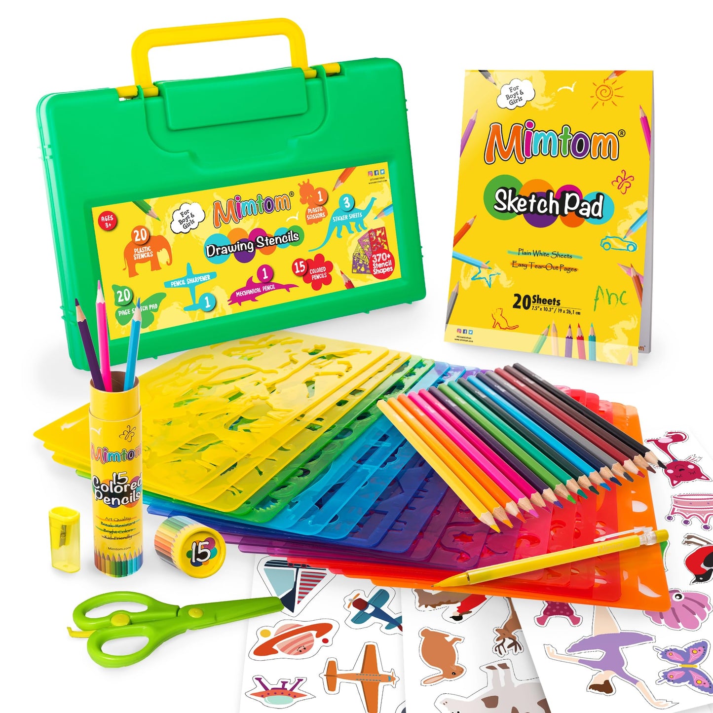 Mimtom Drawing Stencils Kit for Kids | 20 PC Stencil Set with 370+ Shapes Animals, Dinosaurs, Flowers, Letters & Numbers | 15 Colored Pencils, Pencil Sharpener, Sketch Pad & Carrying Case