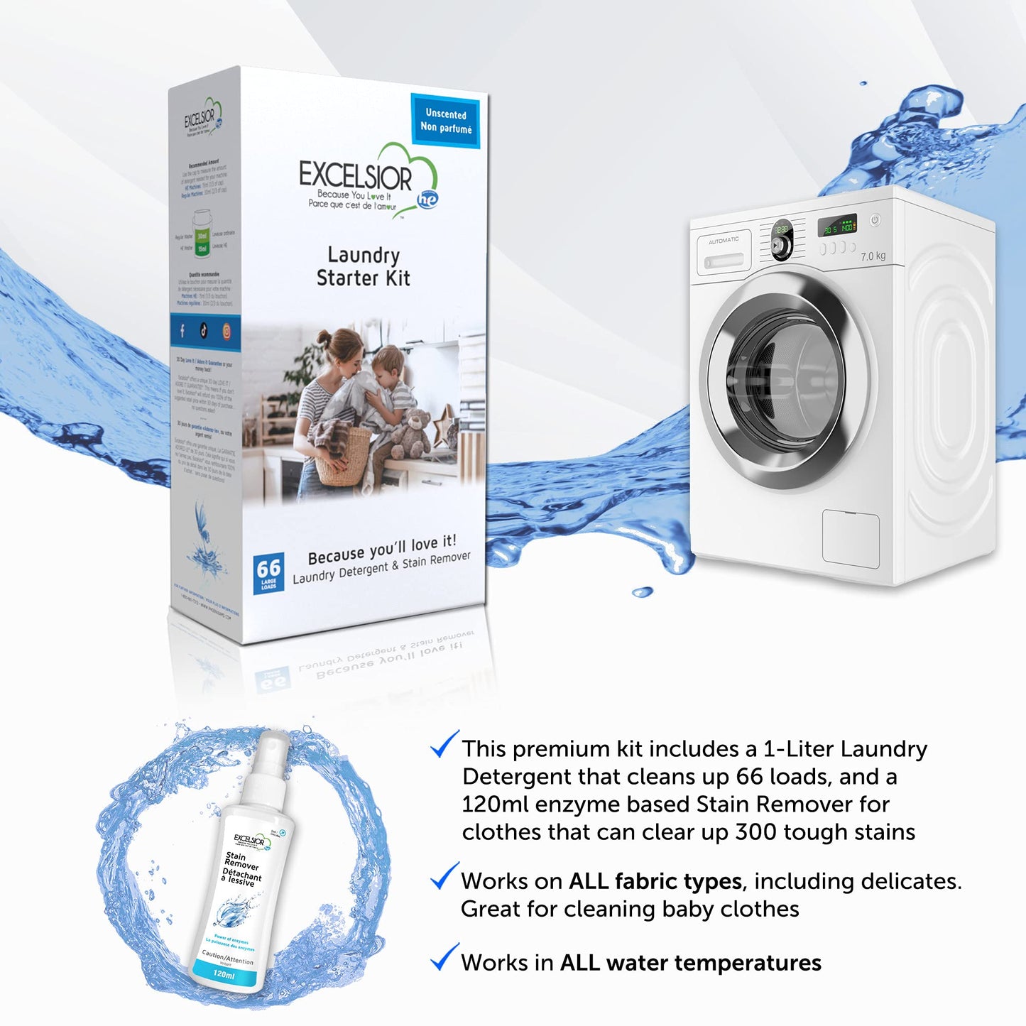 Excelsior (Because You Love It) - Hypoallergenic Laundry Detergent with Natural Stain Remover for 66 Loads of unscented clean clothes - 1 Liter Eco-friendly & Sensitive Skin Laundry Detergent