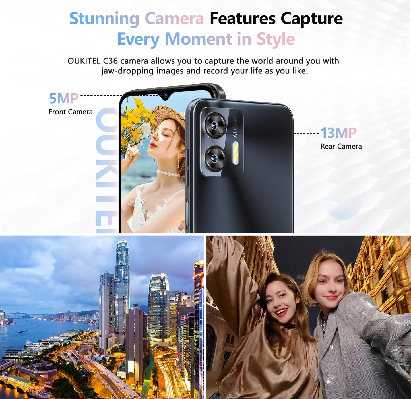 OUKITEL C36 Smartphone, Unlocked Cell Phone Canada, Android 14 Phone, 16GB+256GB/TF 2TB Expandable, 6.56'' HD+ Large Screen, 90Hz, 5150mAh Phone, 4G Sim 3 Card, Fingerprint/Face Unlock Telephone, GPS