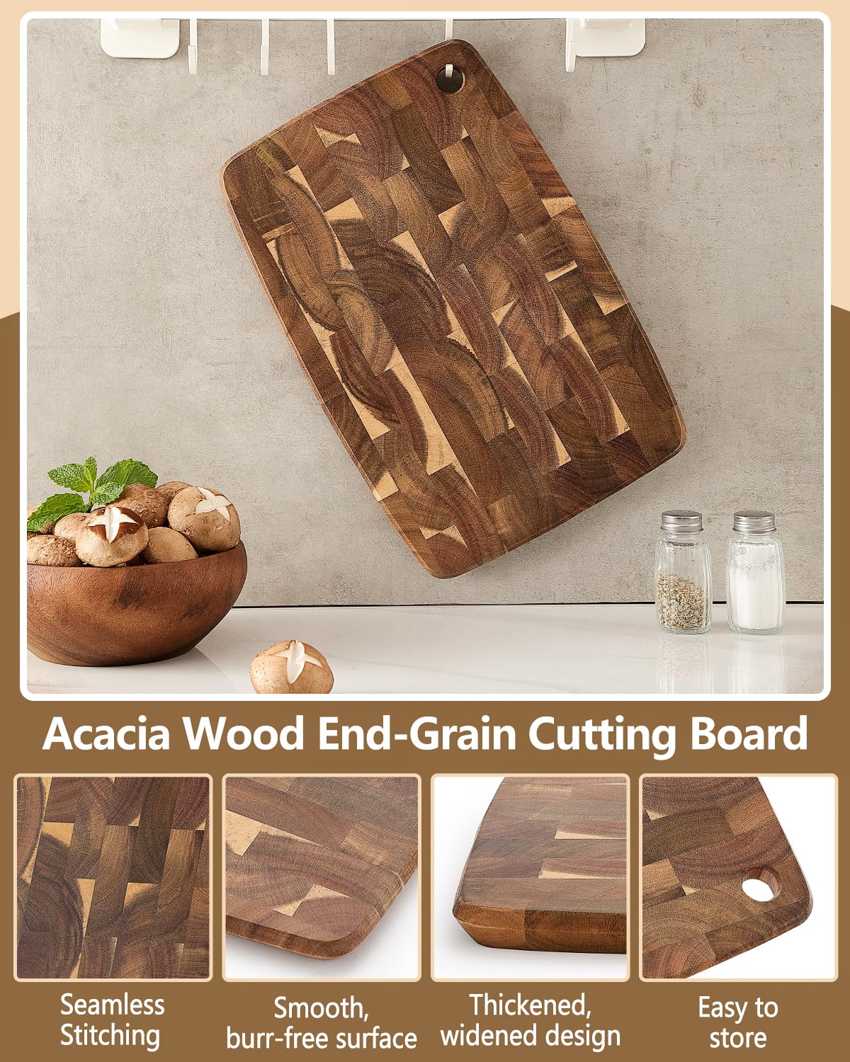 XINZUO Small Acacia Wood Dark Kitchen Cutting Board for Meat, Vegetables and Cheese, Double-Sided, with Hanging Hole,14.1 x 9.4 inch Kitchen Chopping Serving Board for Countertop
